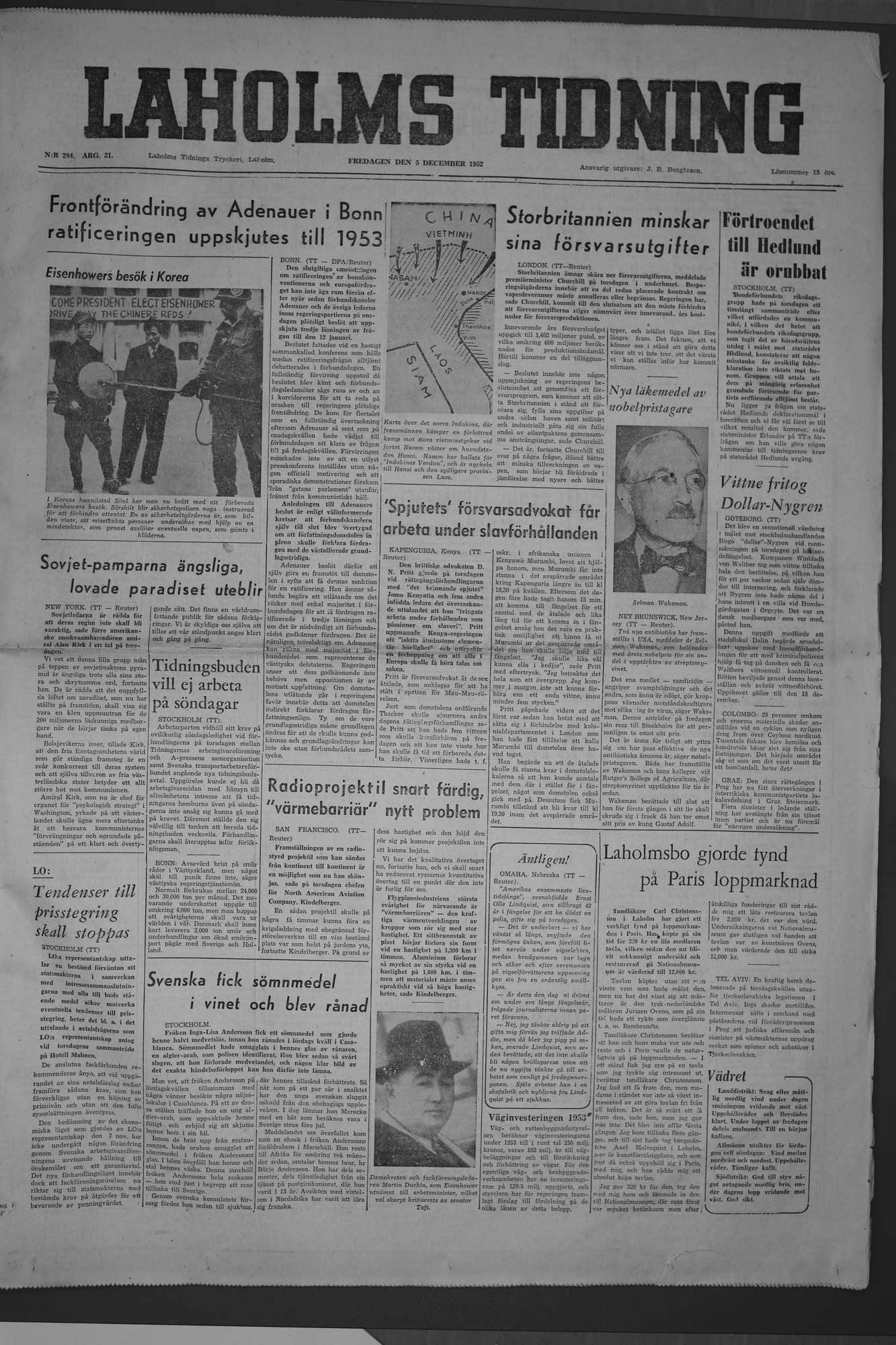 Laholms Tidning Fredag 5 december 1952, sida 1