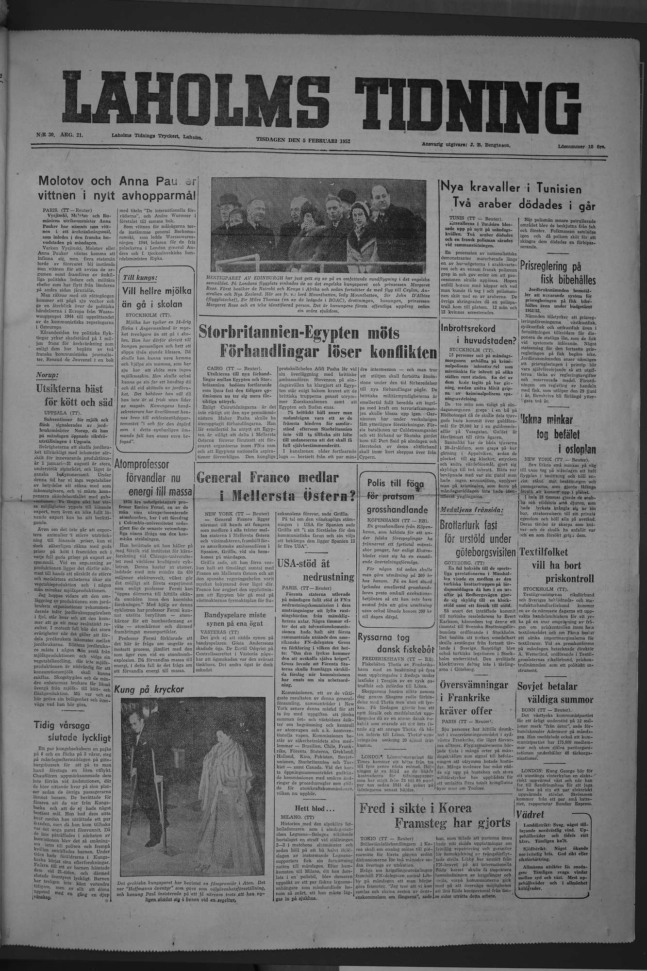 Laholms Tidning Tisdag 5 februari 1952, sida 1