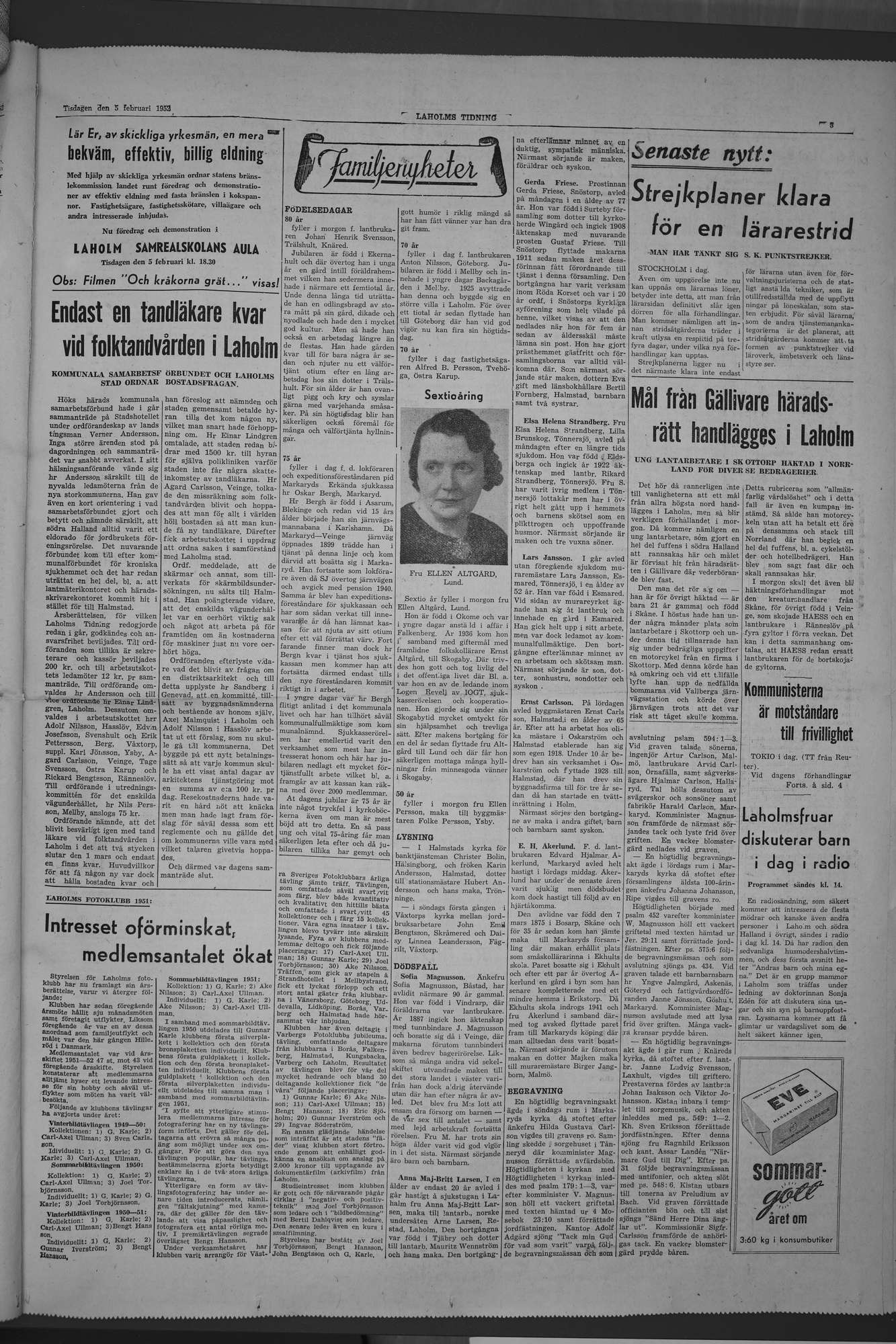 Laholms Tidning Tisdag 5 februari 1952, sida 3