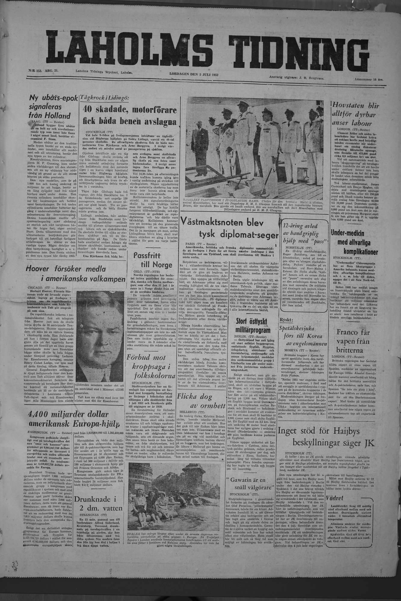Laholms Tidning Lördag 5 juli 1952, sida 1
