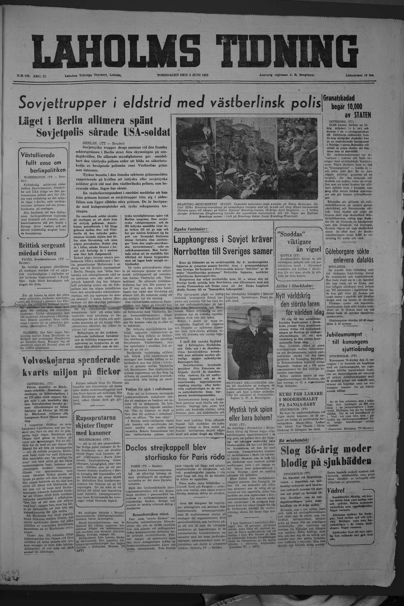 Laholms Tidning Torsdag 5 juni 1952, sida 1