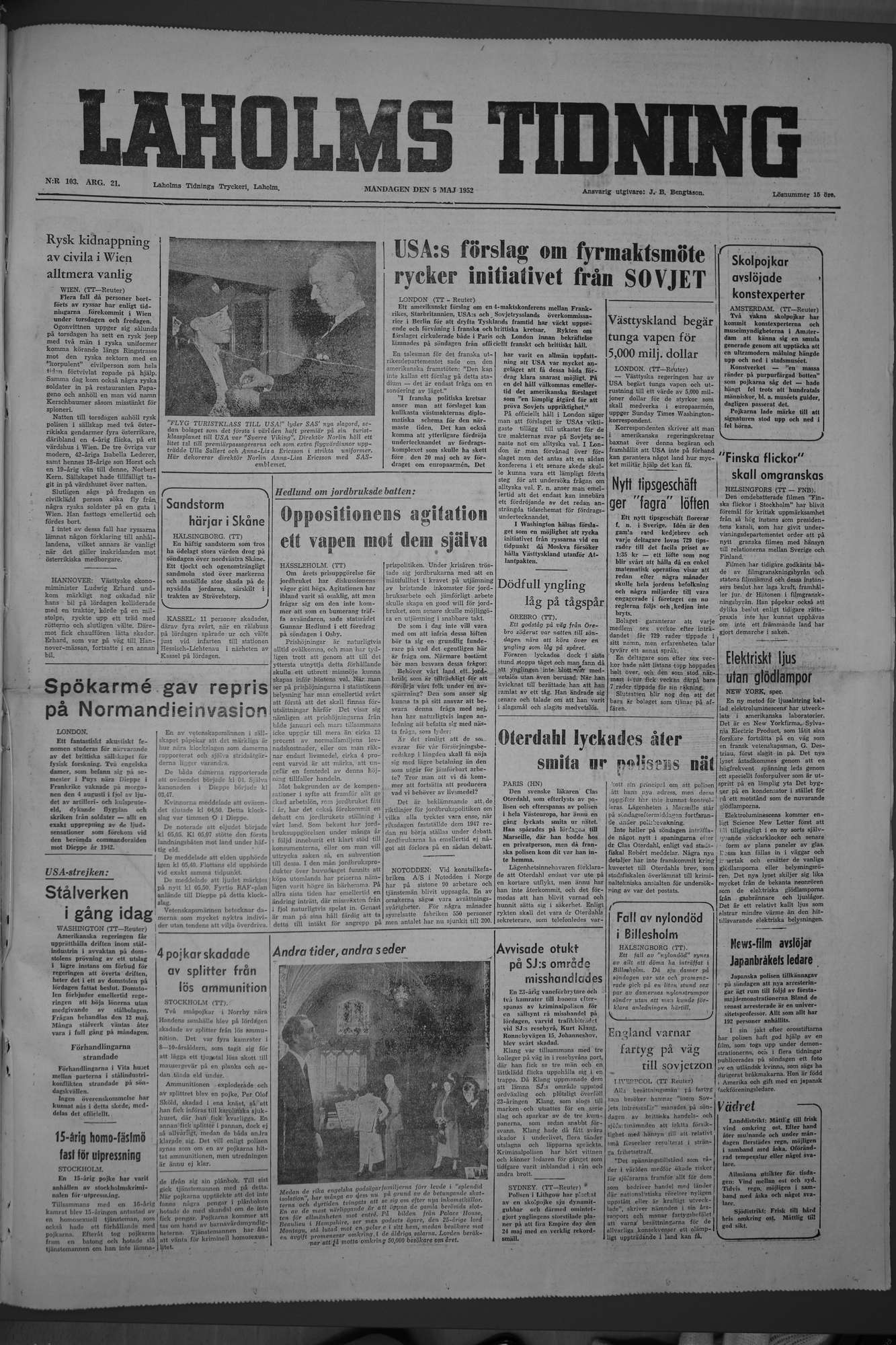 Laholms Tidning Måndag 5 maj 1952, sida 1