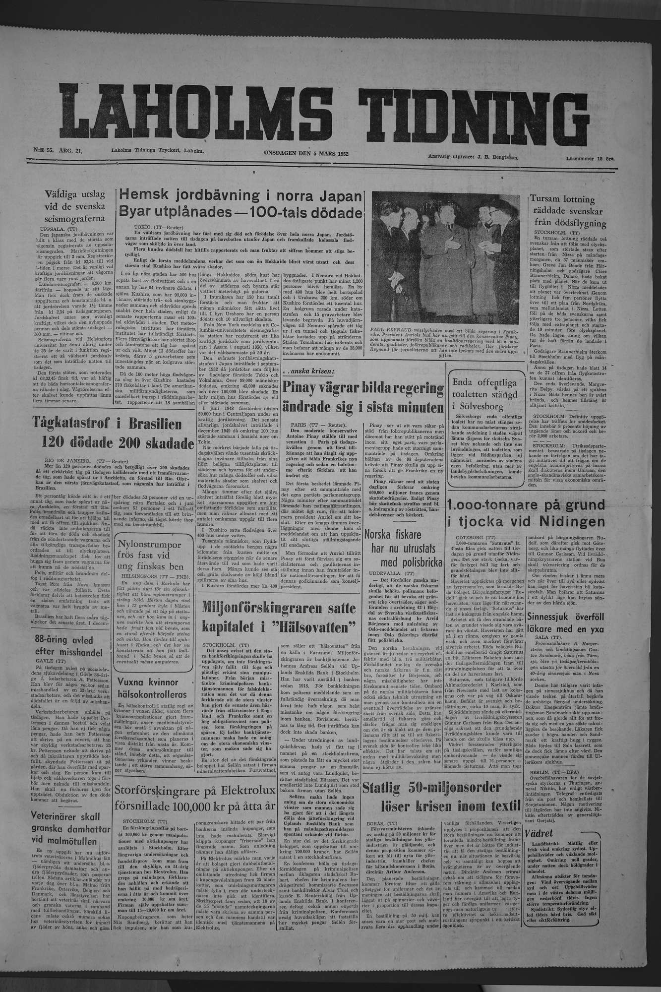 Laholms Tidning Onsdag 5 mars 1952, sida 1