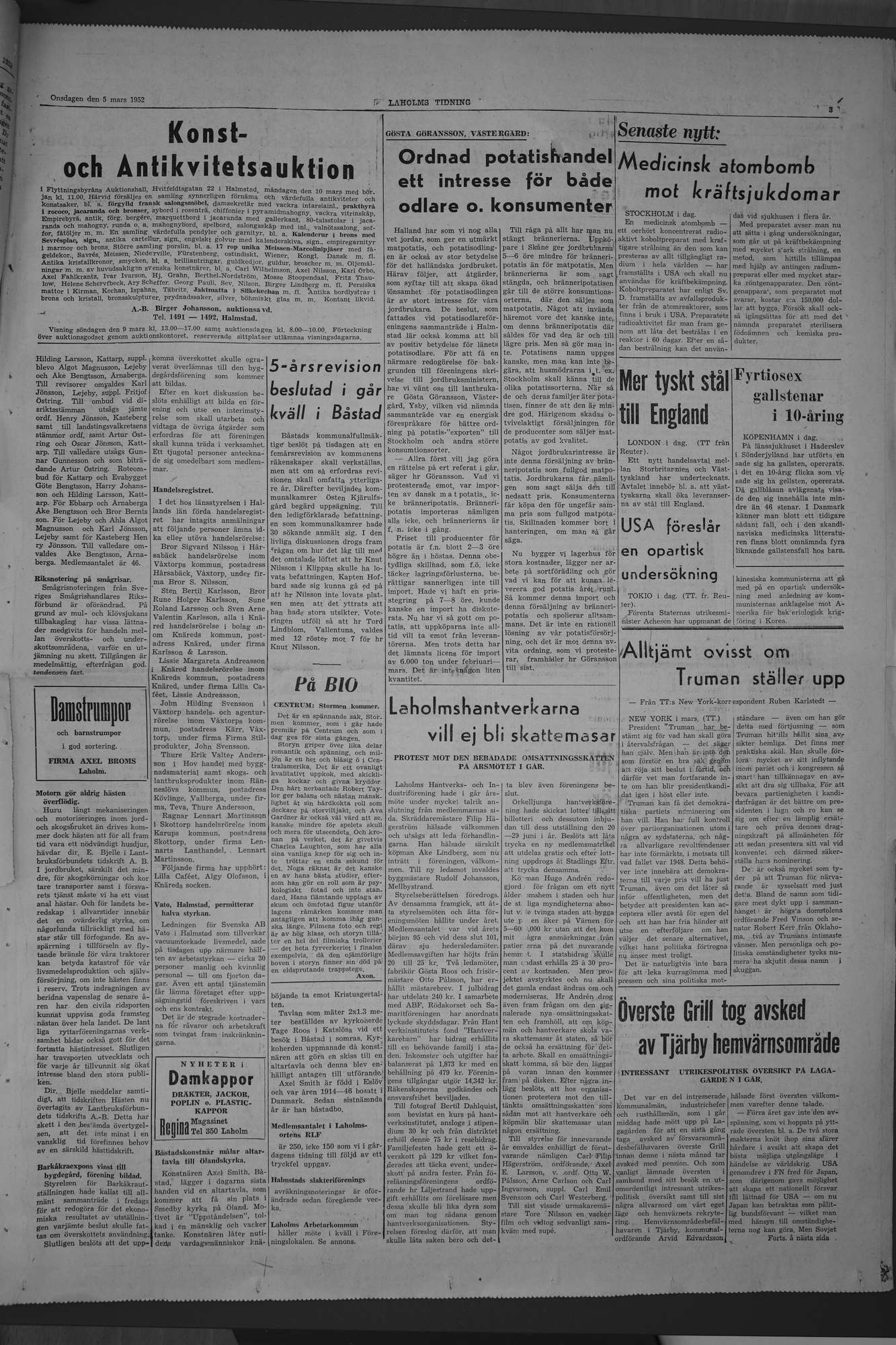 Laholms Tidning Onsdag 5 mars 1952, sida 3