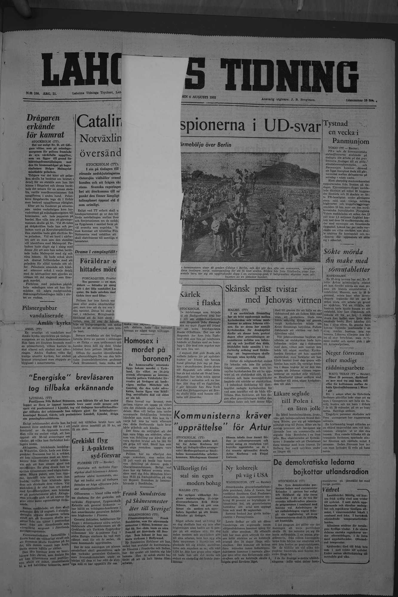 Laholms Tidning Onsdag 6 augusti 1952, sida 1