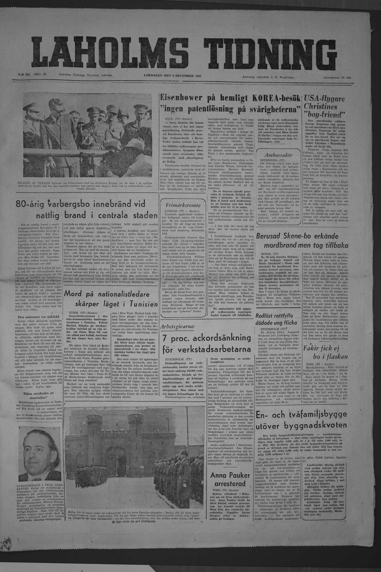Laholms Tidning Lördag 6 december 1952, sida 1
