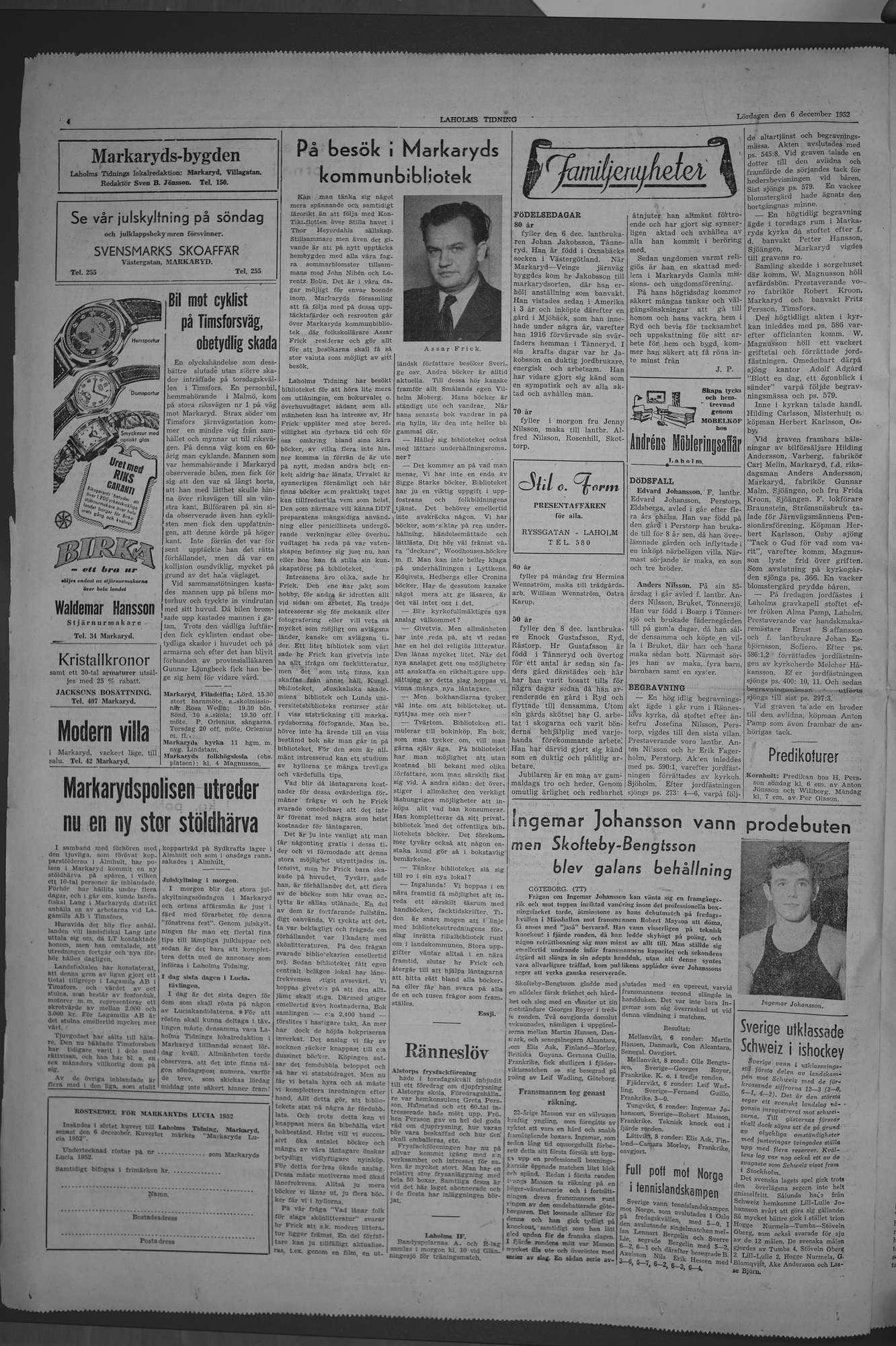 Laholms Tidning Lördag 6 december 1952, sida 4