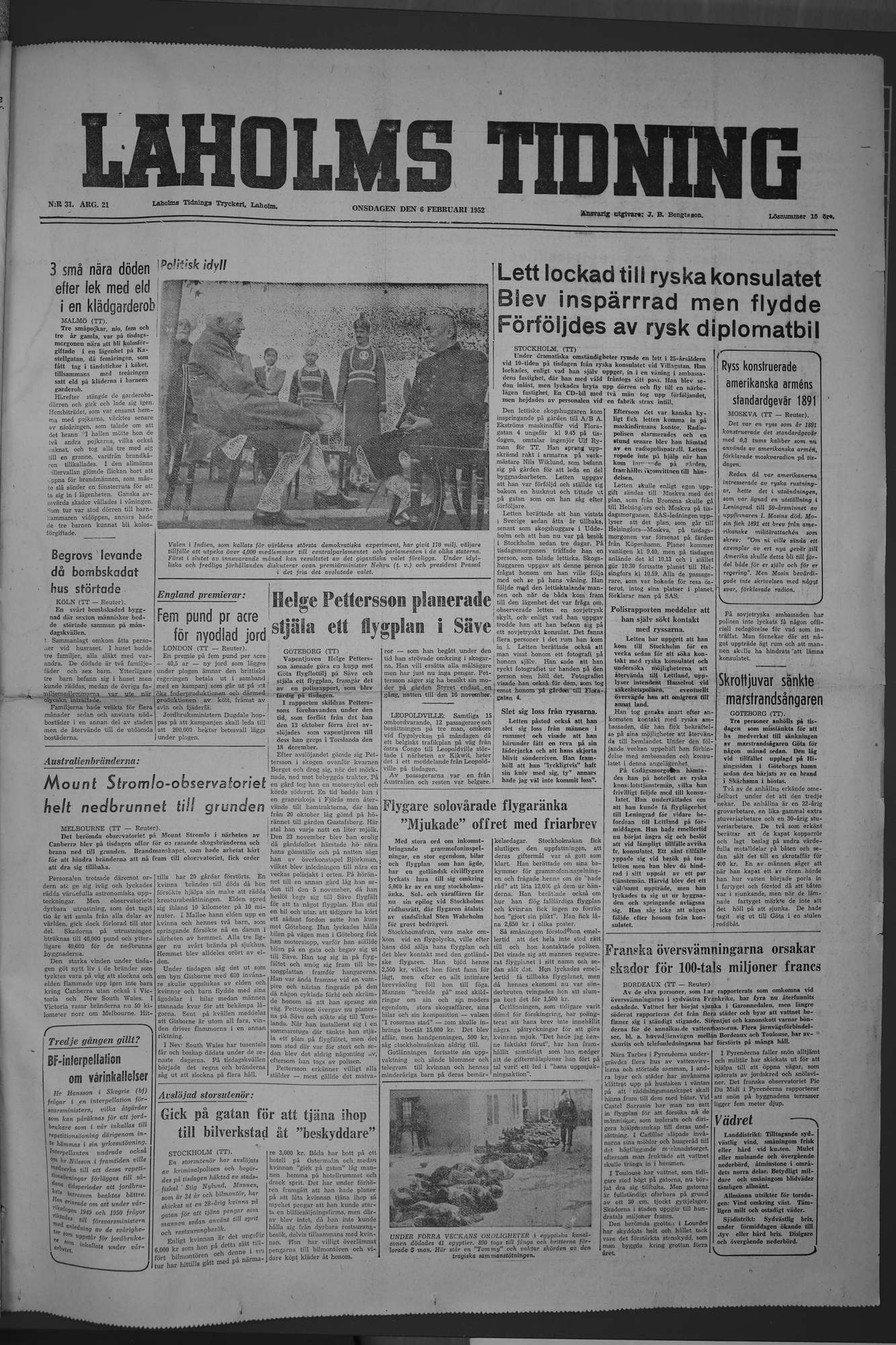 Laholms Tidning Onsdag 6 februari 1952, sida 1