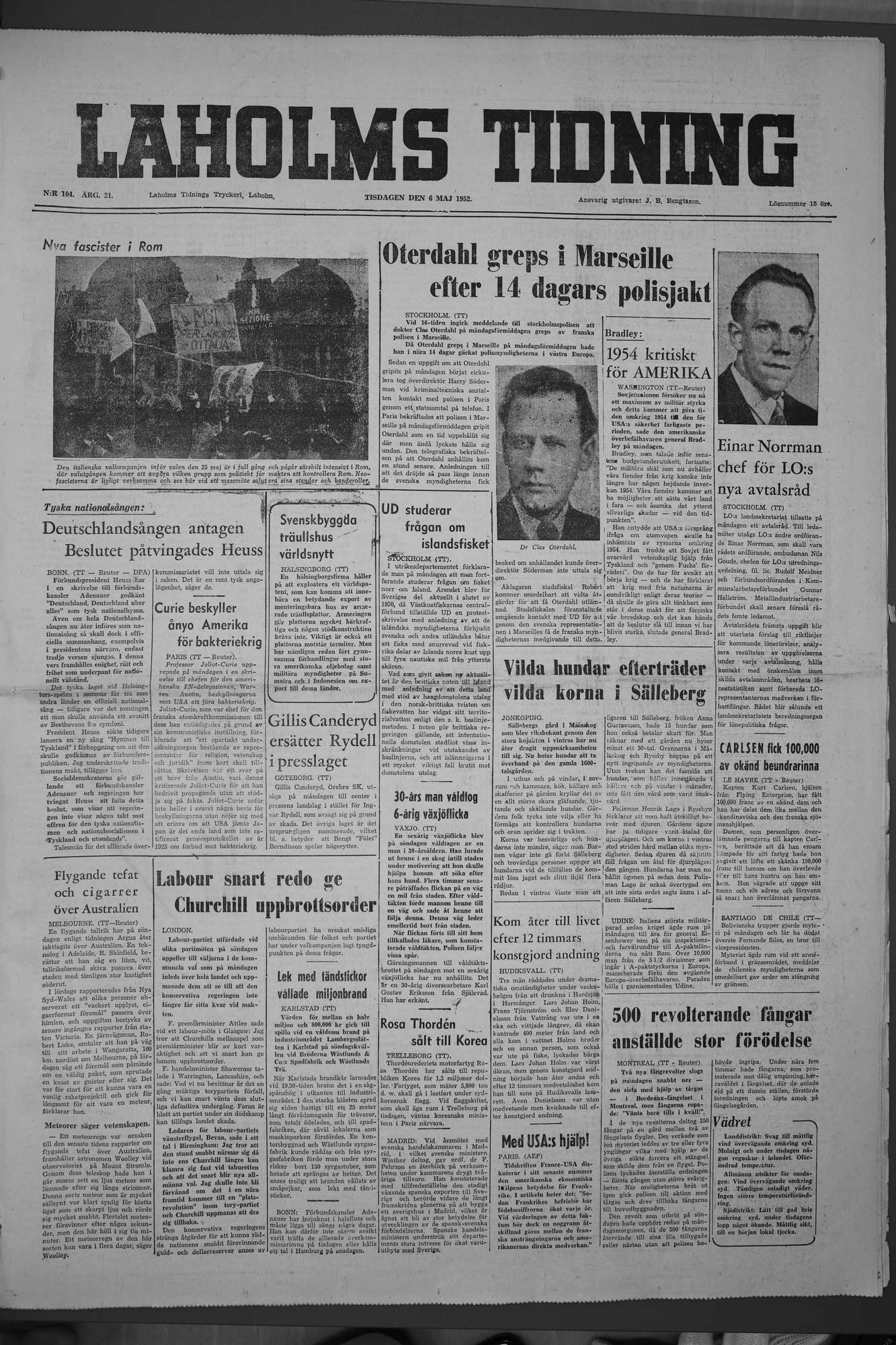 Laholms Tidning Tisdag 6 maj 1952, sida 1