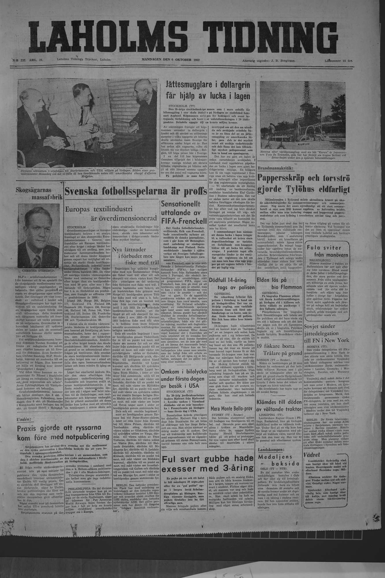 Laholms Tidning Måndag 6 oktober 1952, sida 1