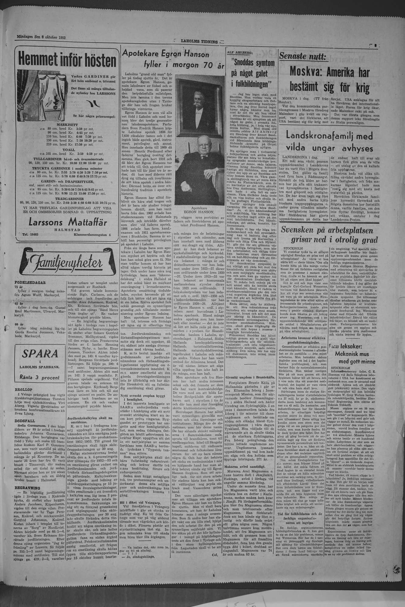 Laholms Tidning Måndag 6 oktober 1952, sida 3