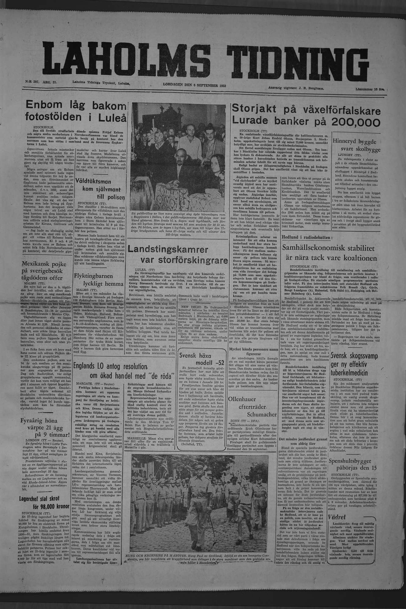 Laholms Tidning Lördag 6 september 1952, sida 1