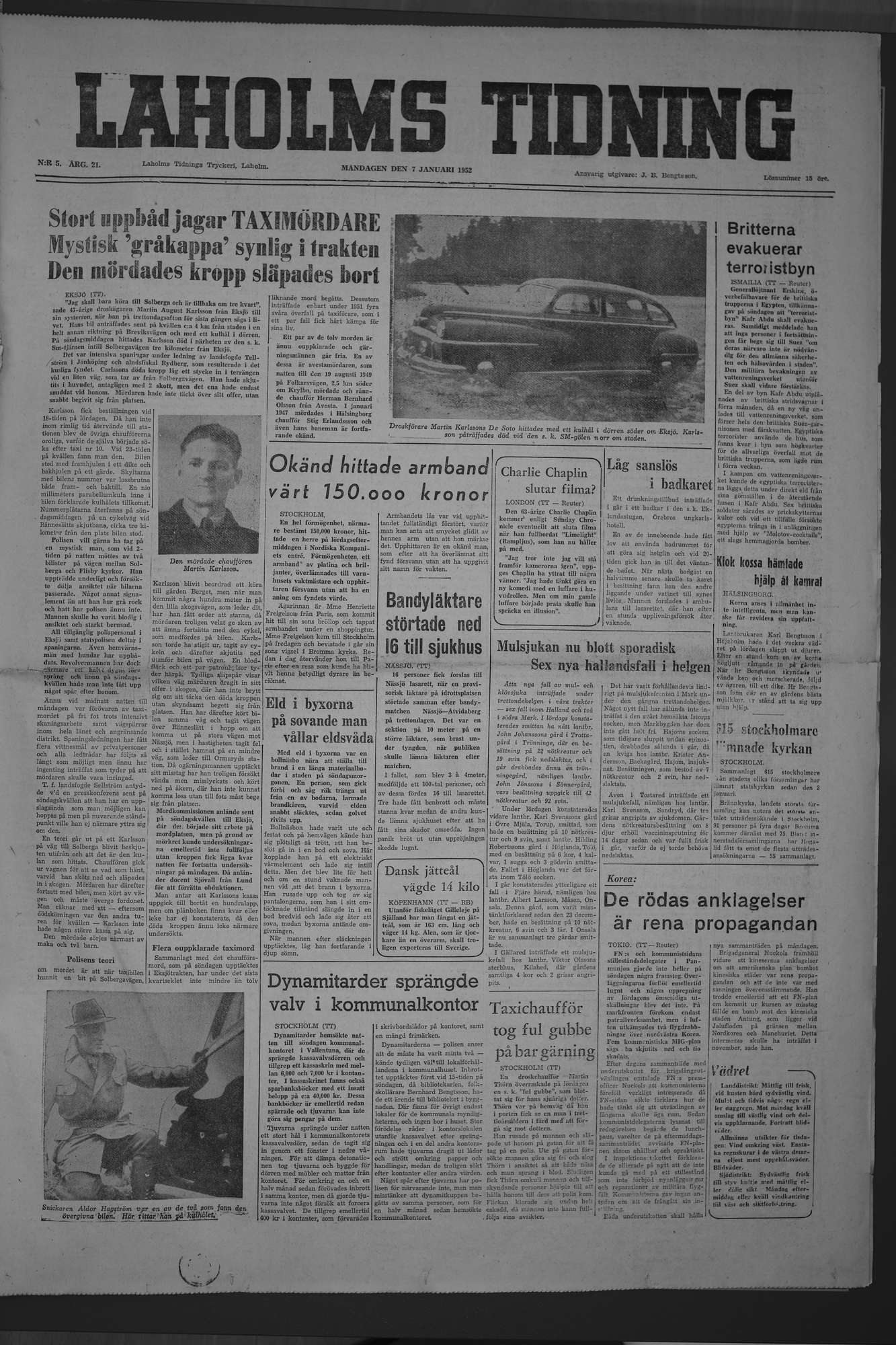 Laholms Tidning Måndag 7 januari 1952, sida 1