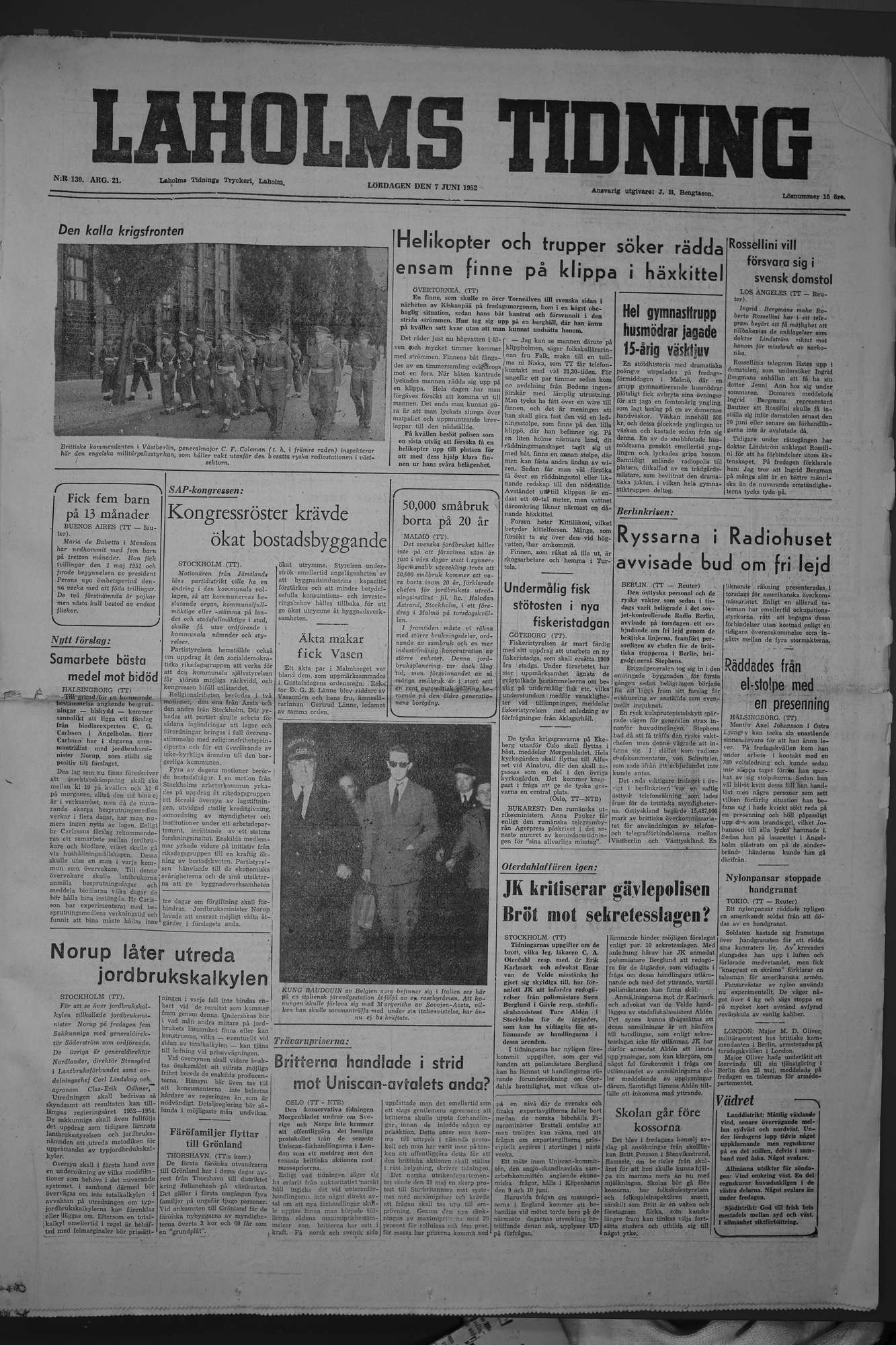 Laholms Tidning Lördag 7 juni 1952, sida 1
