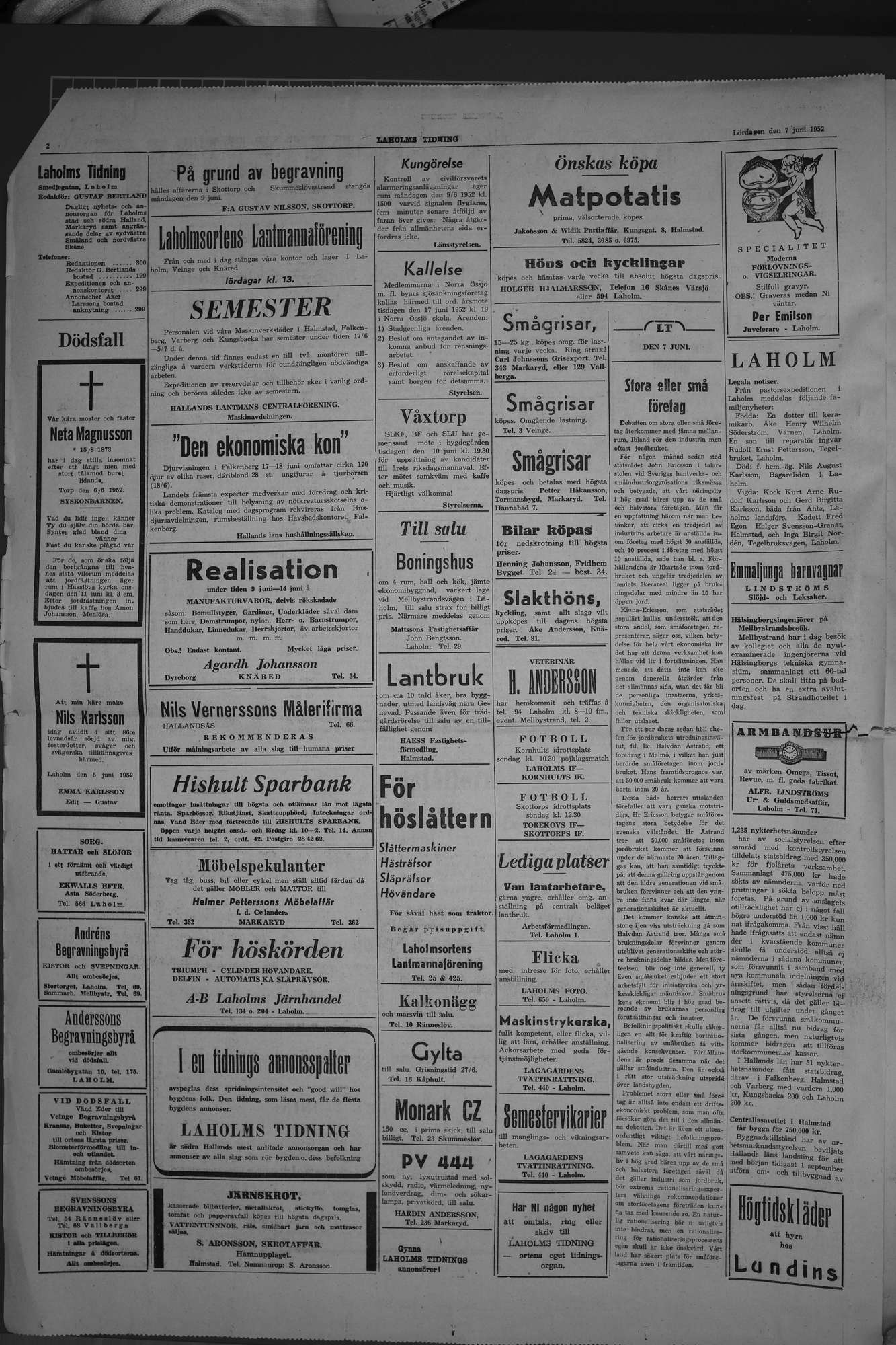 Laholms Tidning Lördag 7 juni 1952, sida 2