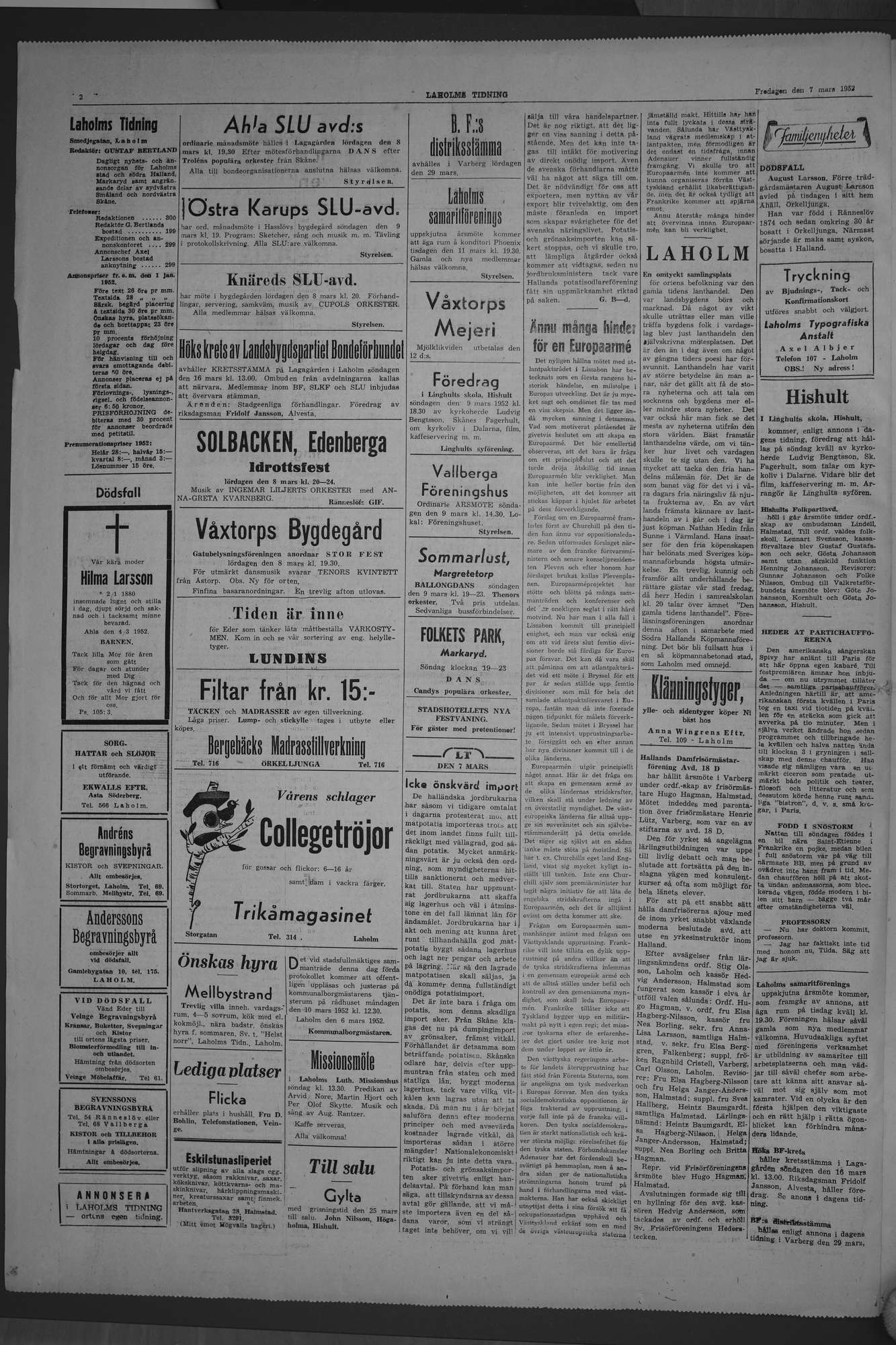 Laholms Tidning Fredag 7 mars 1952, sida 2
