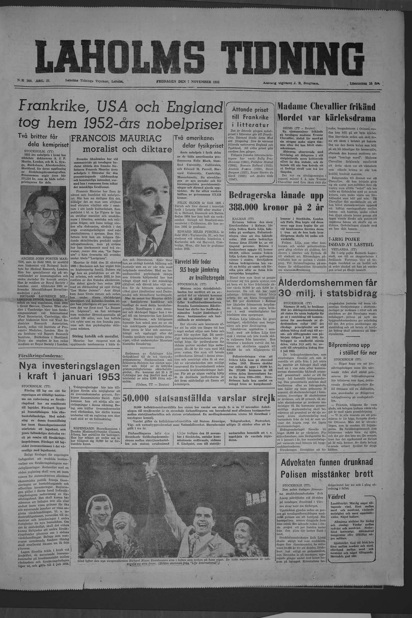 Laholms Tidning Fredag 7 november 1952, sida 1