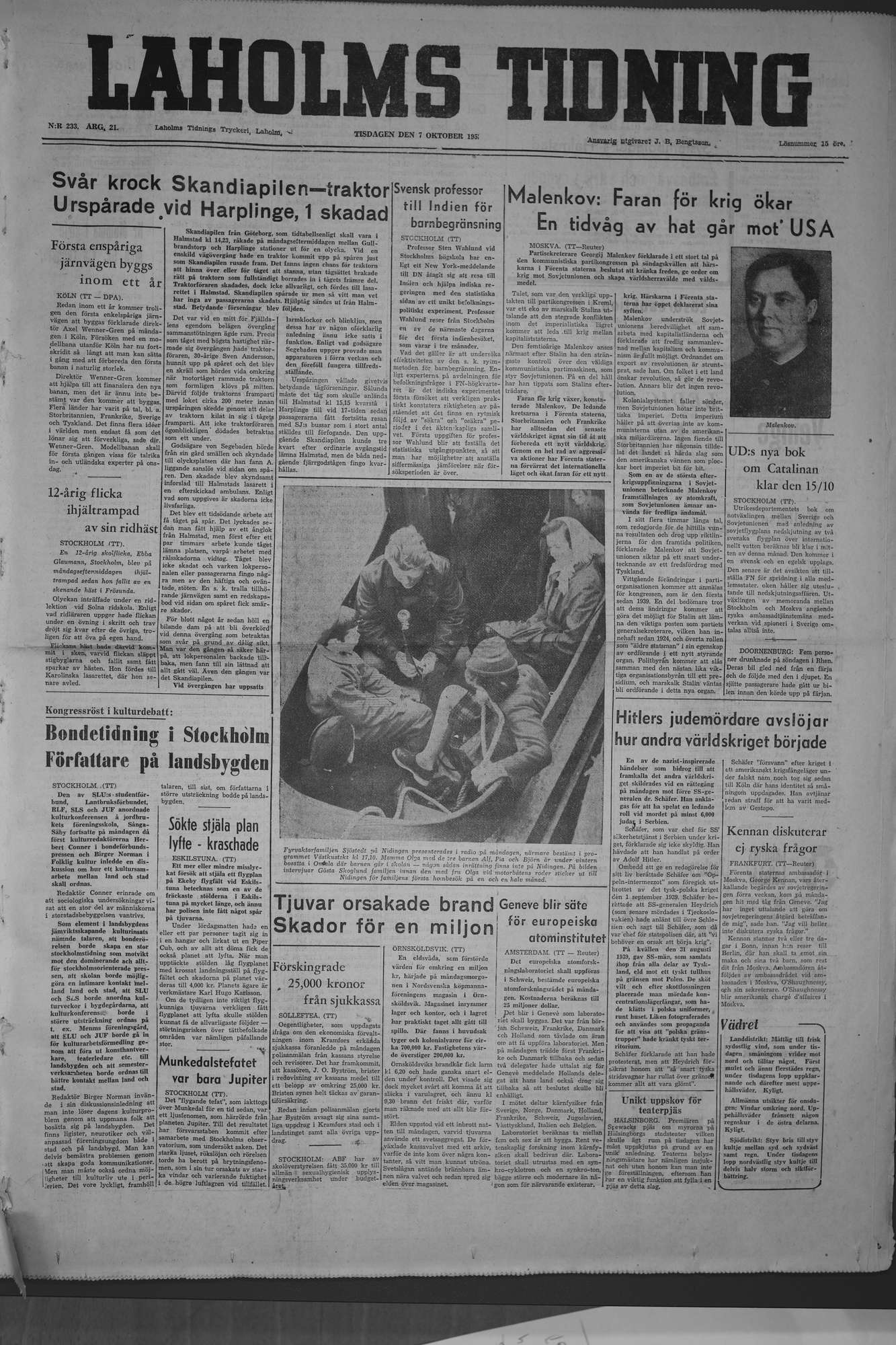 Laholms Tidning Tisdag 7 oktober 1952, sida 1