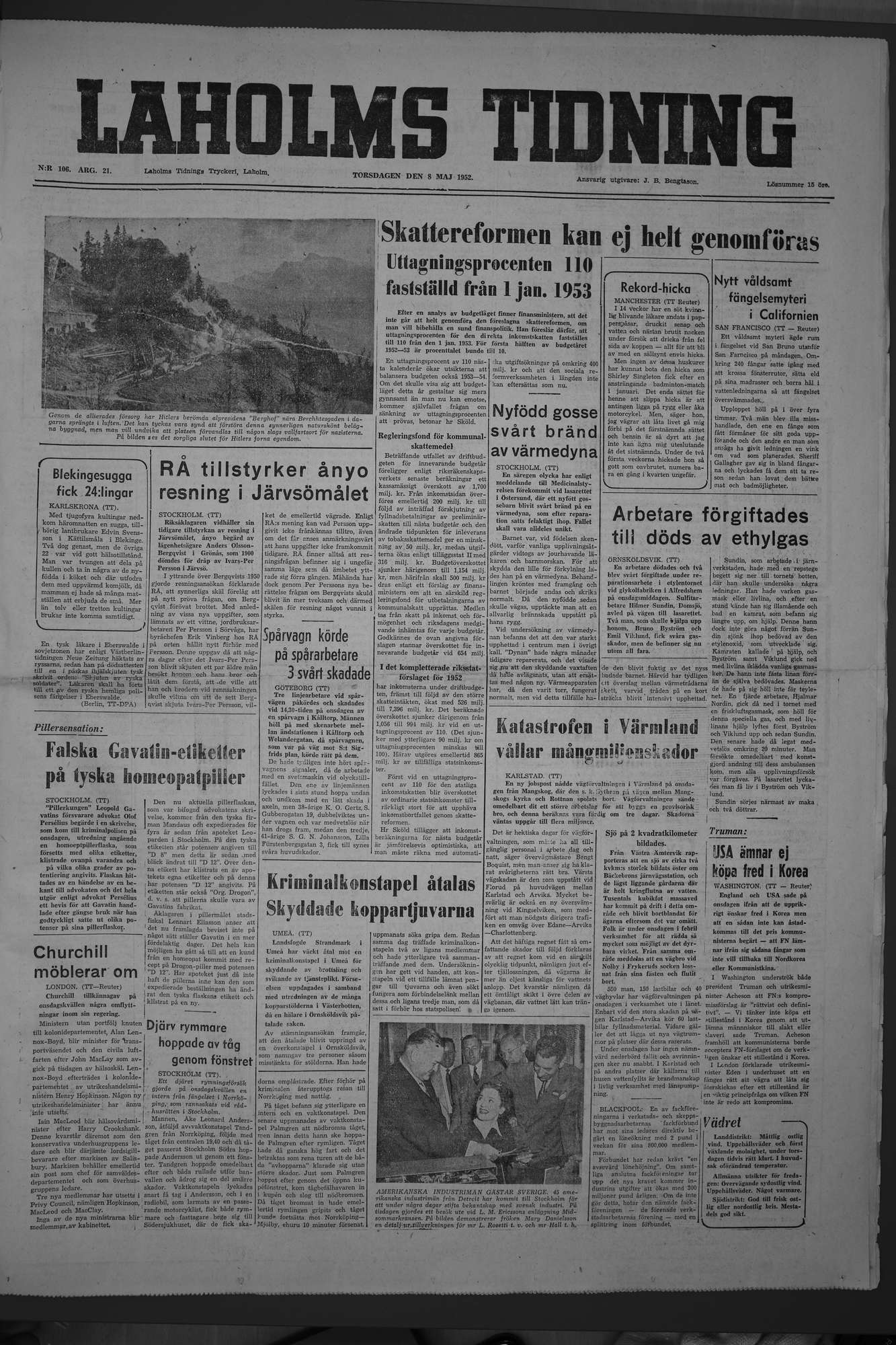 Laholms Tidning Torsdag 8 maj 1952, sida 1