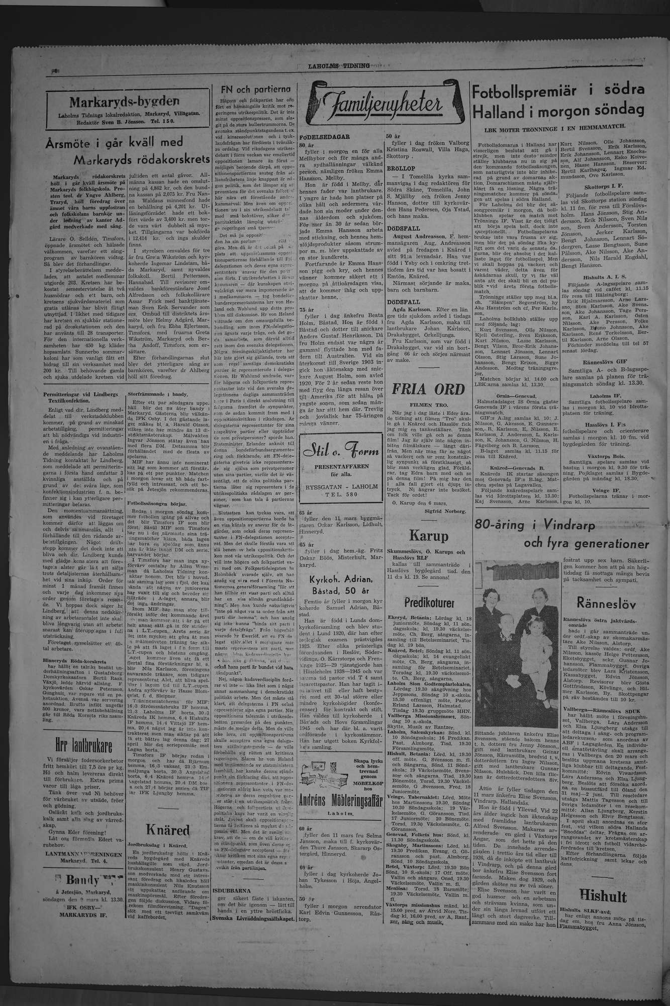 Laholms Tidning Lördag 8 mars 1952, sida 4