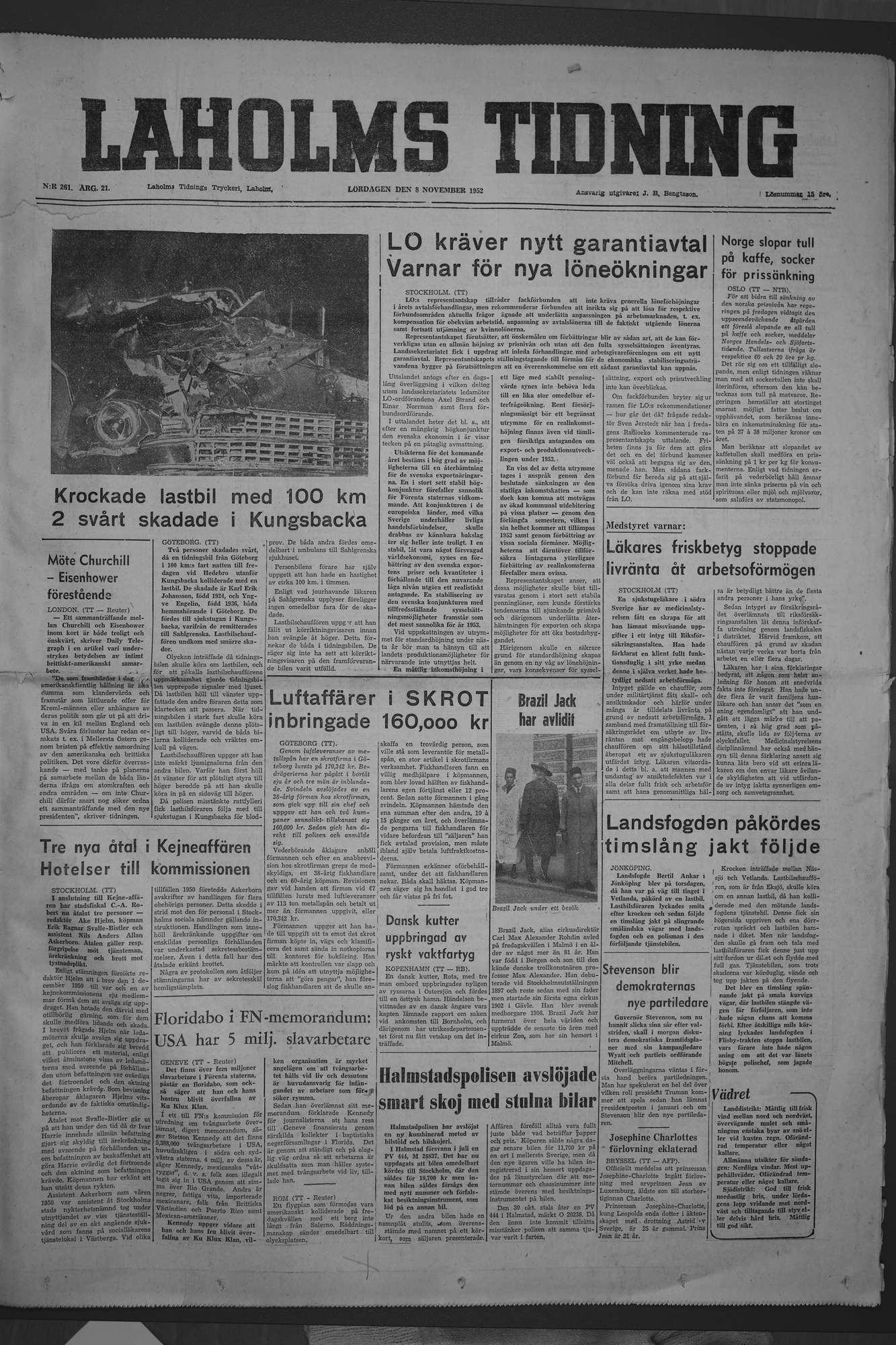 Laholms Tidning Lördag 8 november 1952, sida 1
