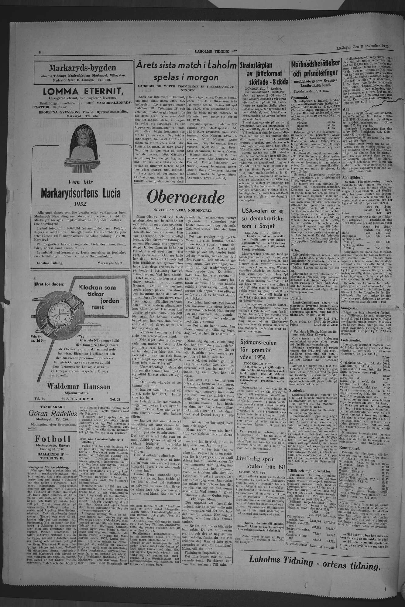 Laholms Tidning Lördag 8 november 1952, sida 4