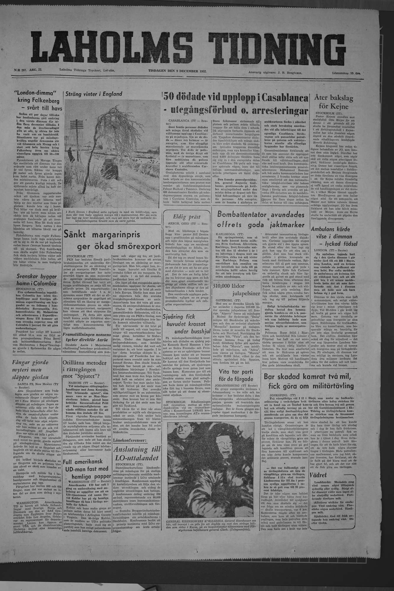 Laholms Tidning Tisdag 9 december 1952, sida 1