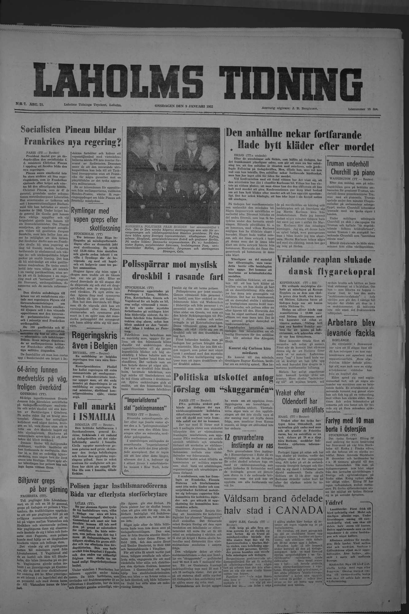 Laholms Tidning Onsdag 9 januari 1952, sida 1