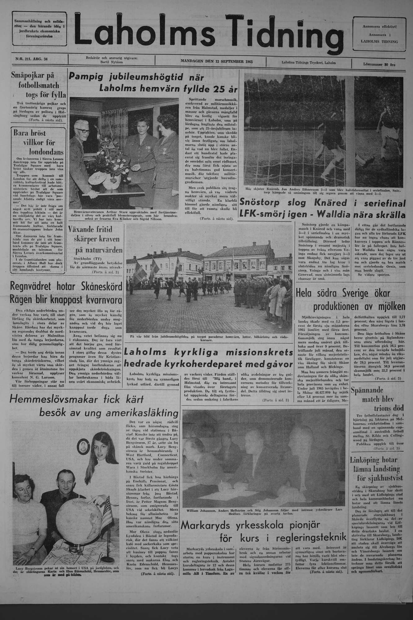 Laholms Tidning Måndag 13 september 1965, sida 1