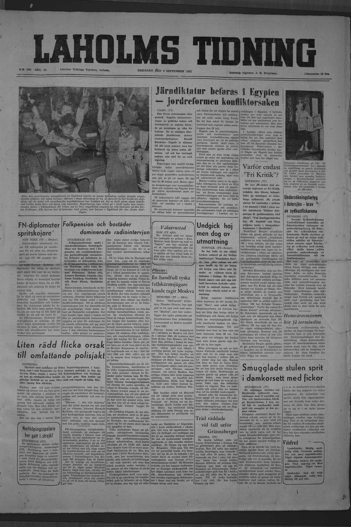 Laholms Tidning Tisdag 9 september 1952, sida 1