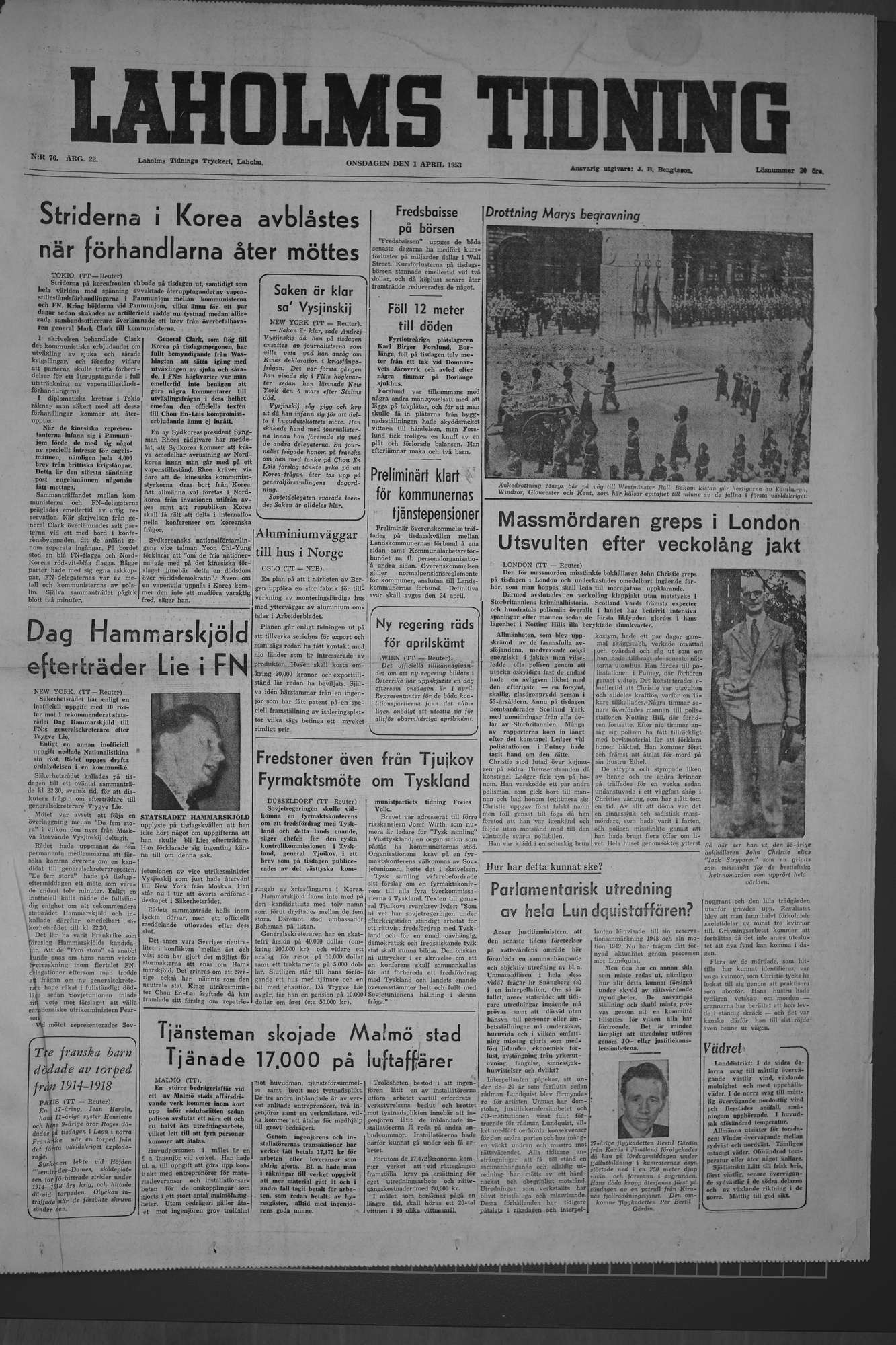 Laholms Tidning Onsdag 1 april 1953, sida 1