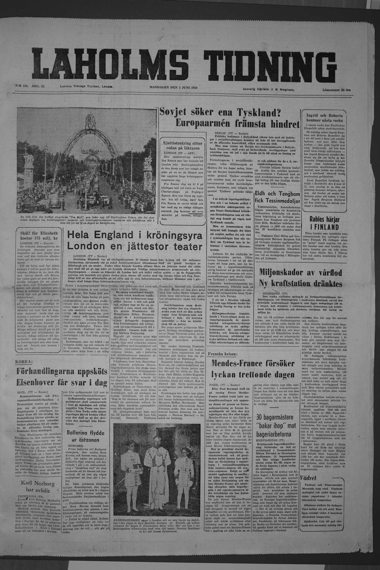 Laholms Tidning Måndag 1 juni 1953, sida 1