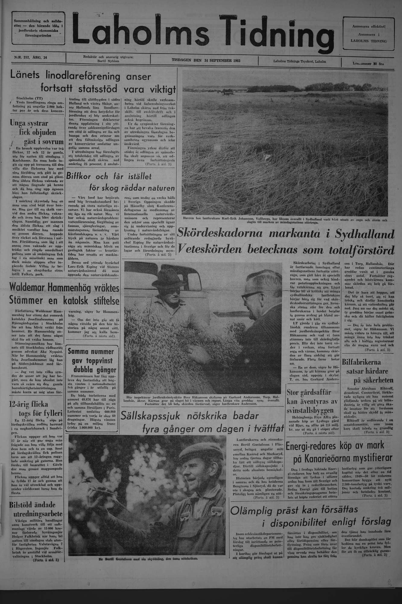 Laholms Tidning Lördag 14 augusti 1965, sida 1