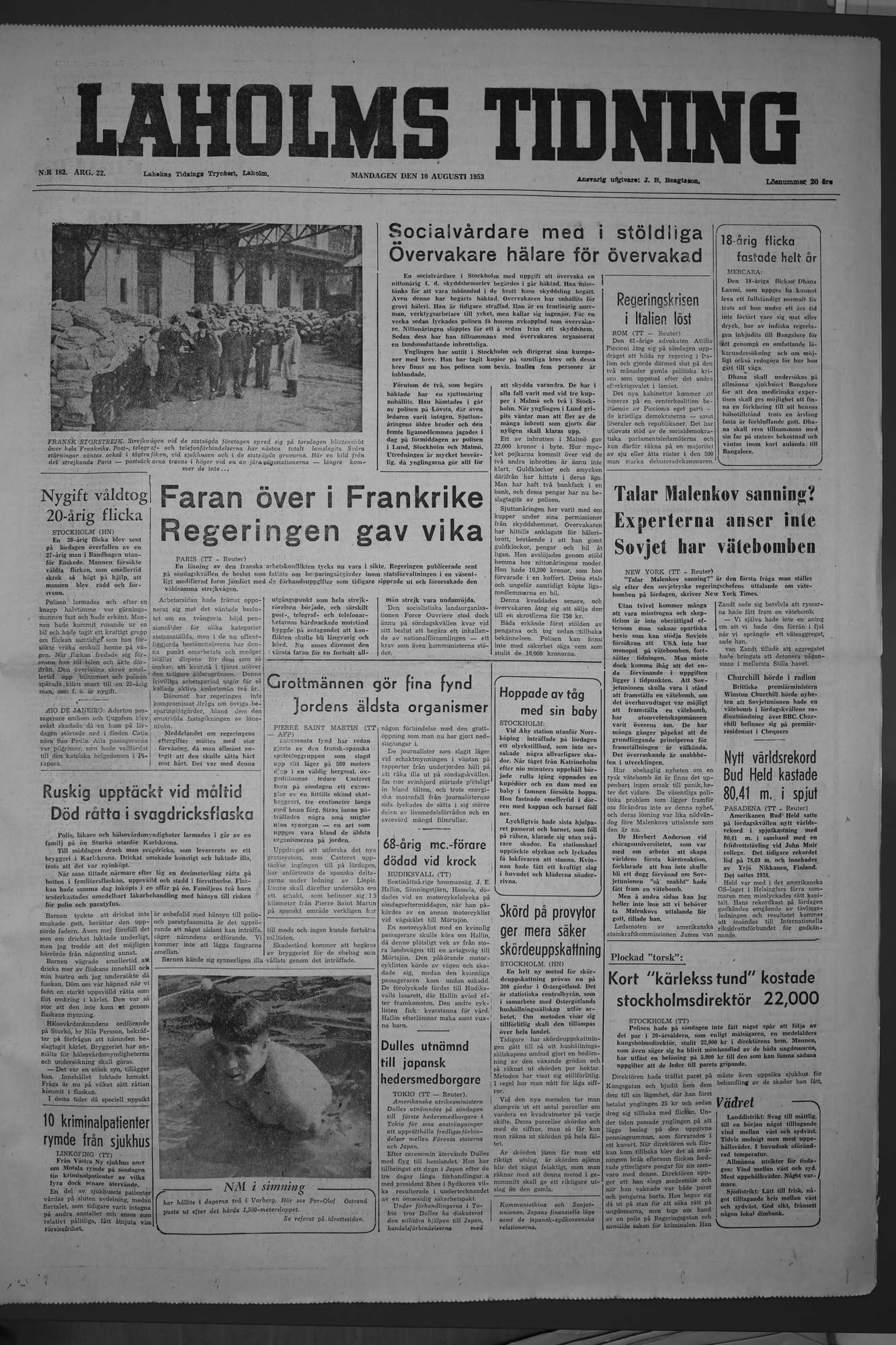 Laholms Tidning Måndag 10 augusti 1953, sida 1