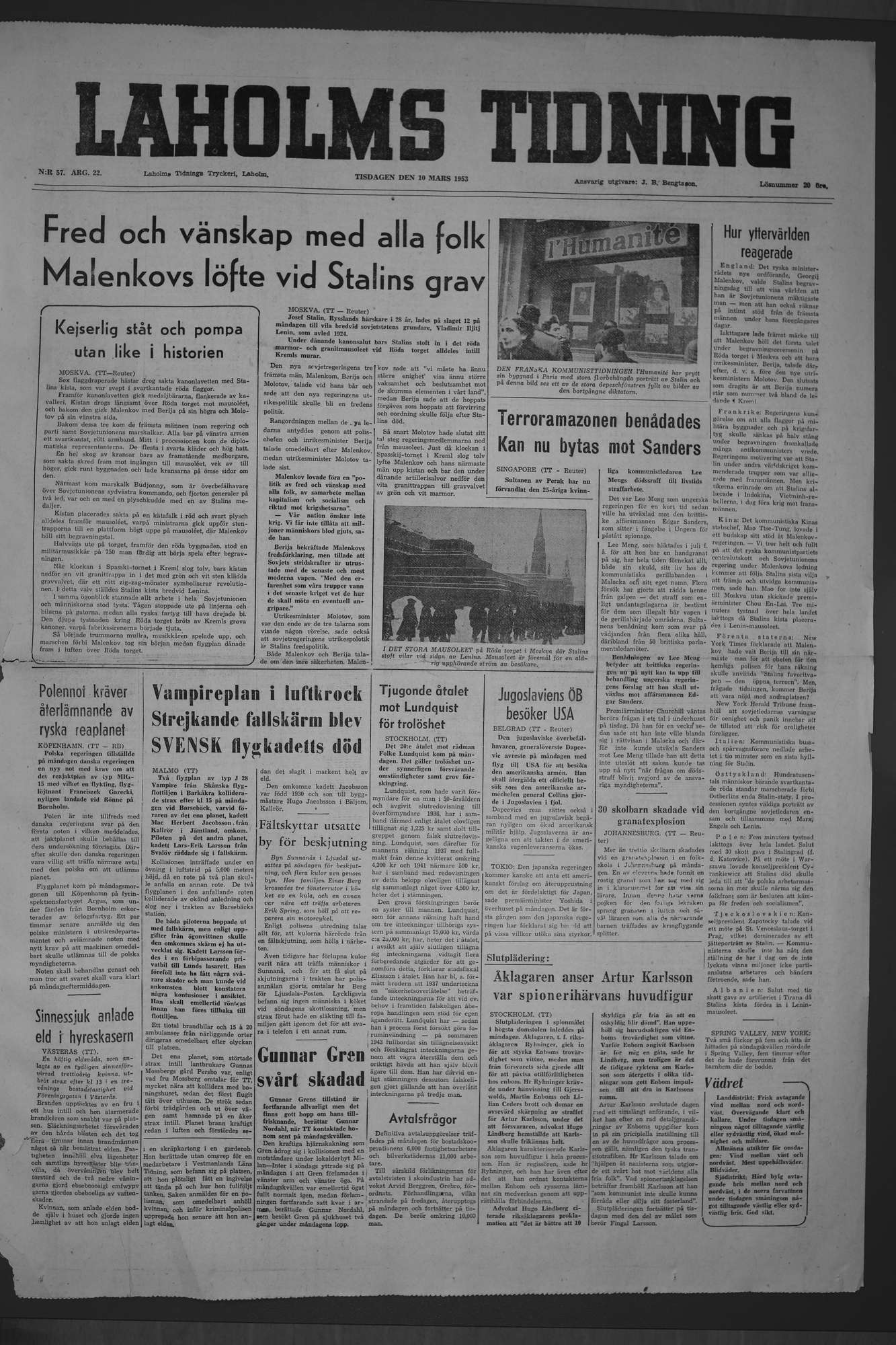 Laholms Tidning Tisdag 10 mars 1953, sida 1