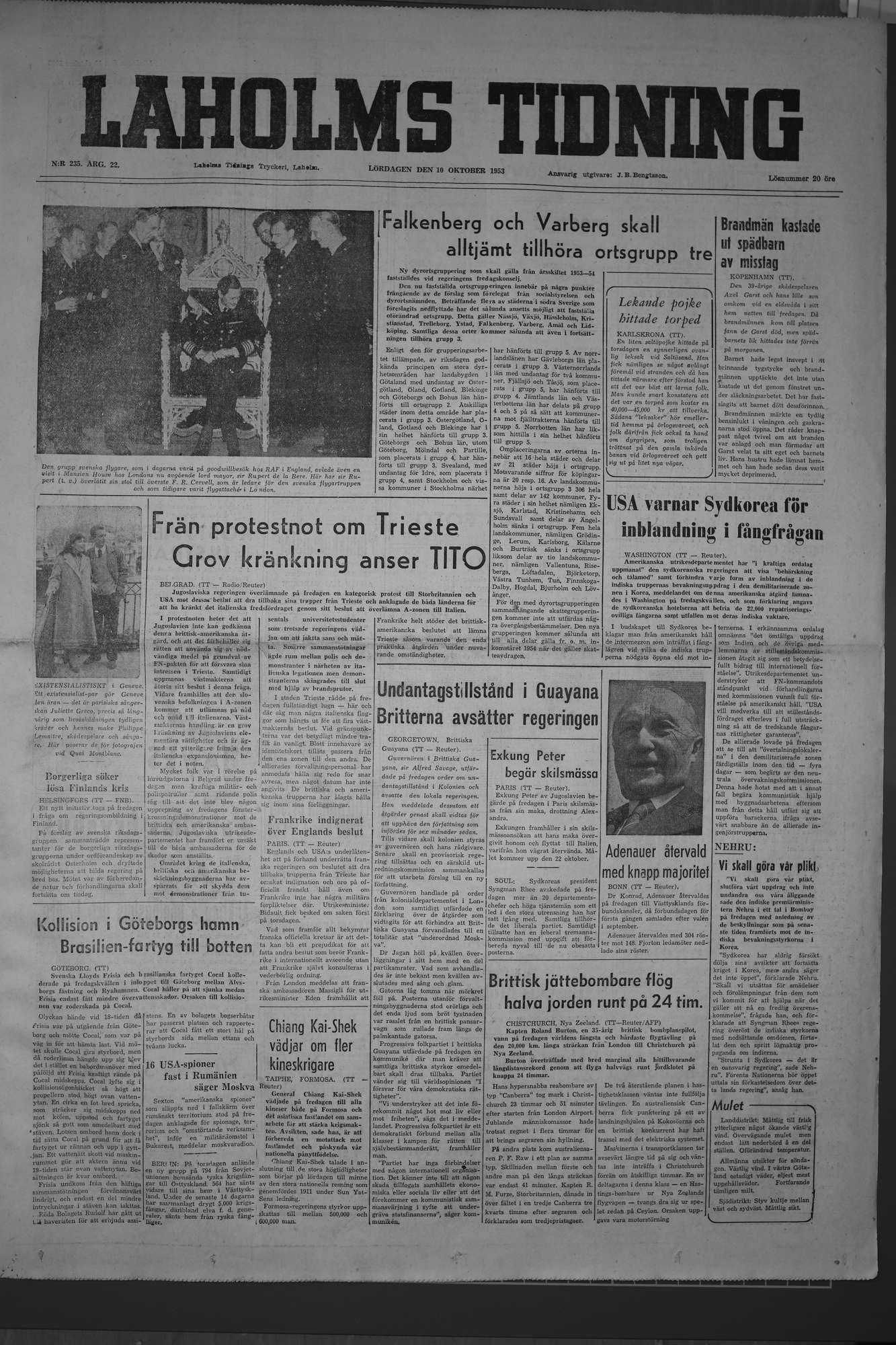 Laholms Tidning Lördag 10 oktober 1953, sida 1