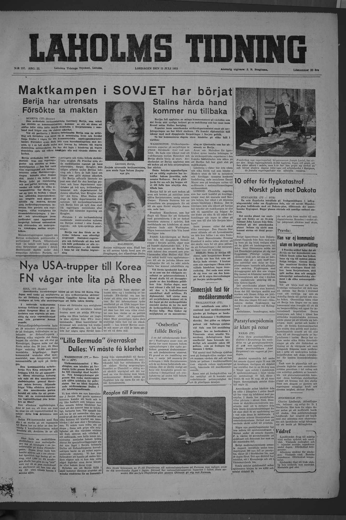 Laholms Tidning Lördag 11 juli 1953, sida 1