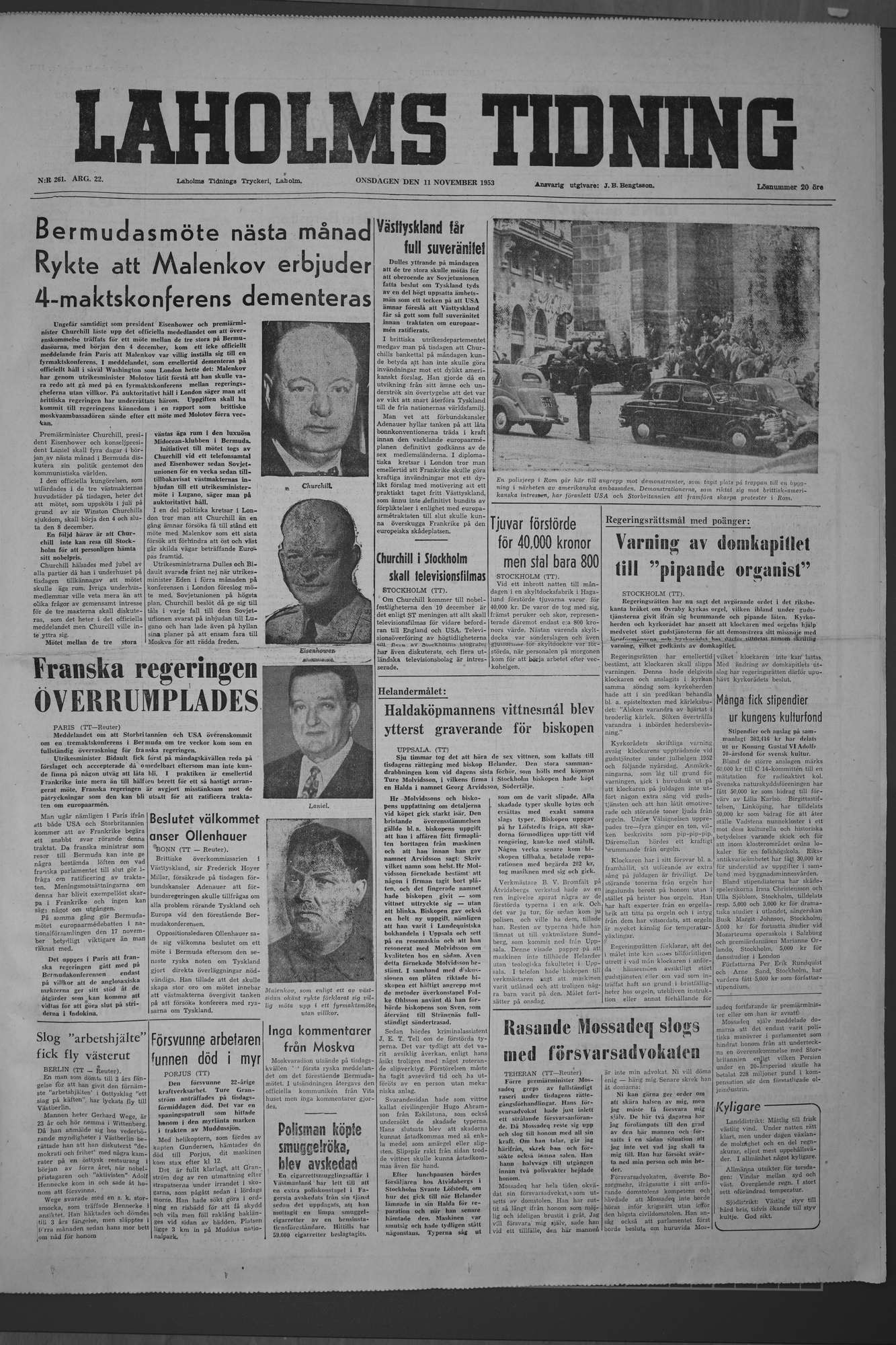 Laholms Tidning Onsdag 11 november 1953, sida 1