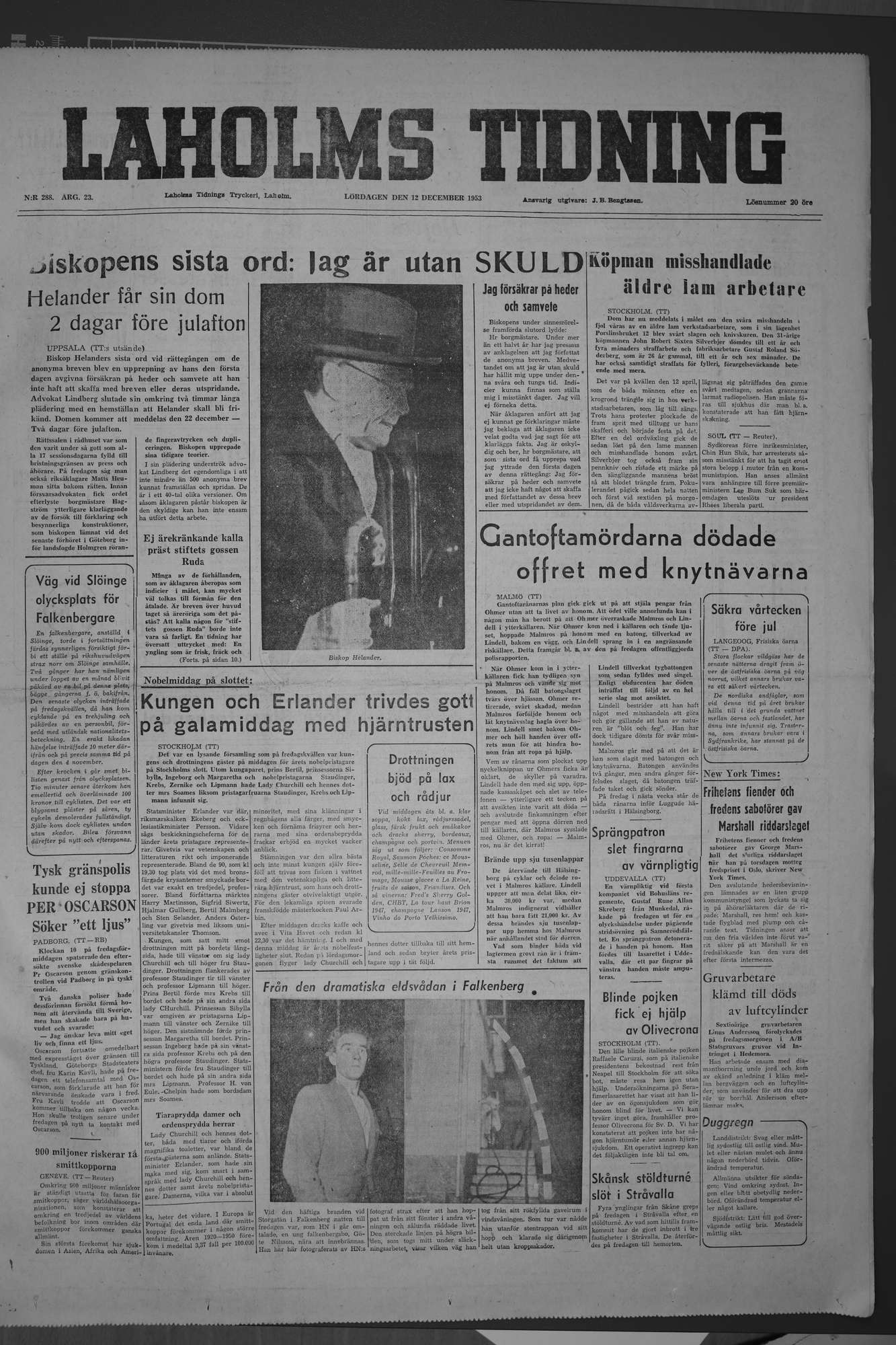 Laholms Tidning Lördag 12 december 1953, sida 1