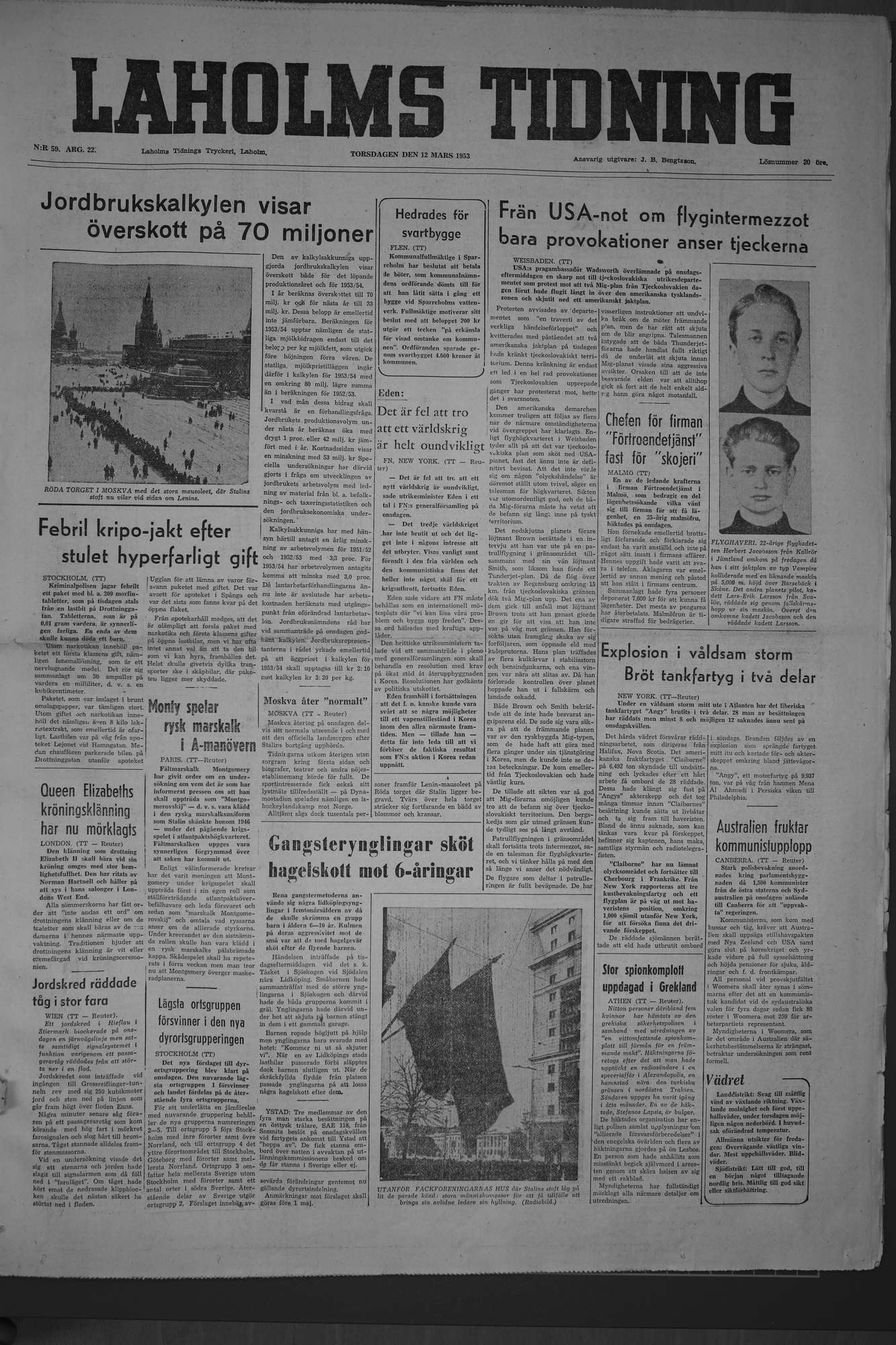 Laholms Tidning Torsdag 12 mars 1953, sida 1