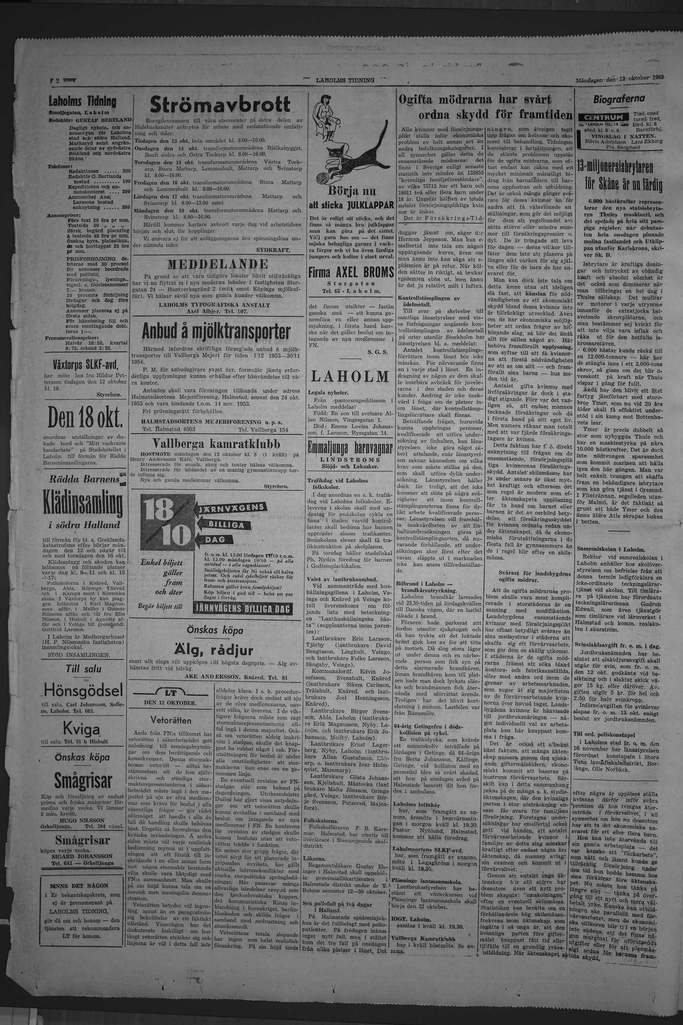 Laholms Tidning Måndag 12 oktober 1953, sida 2