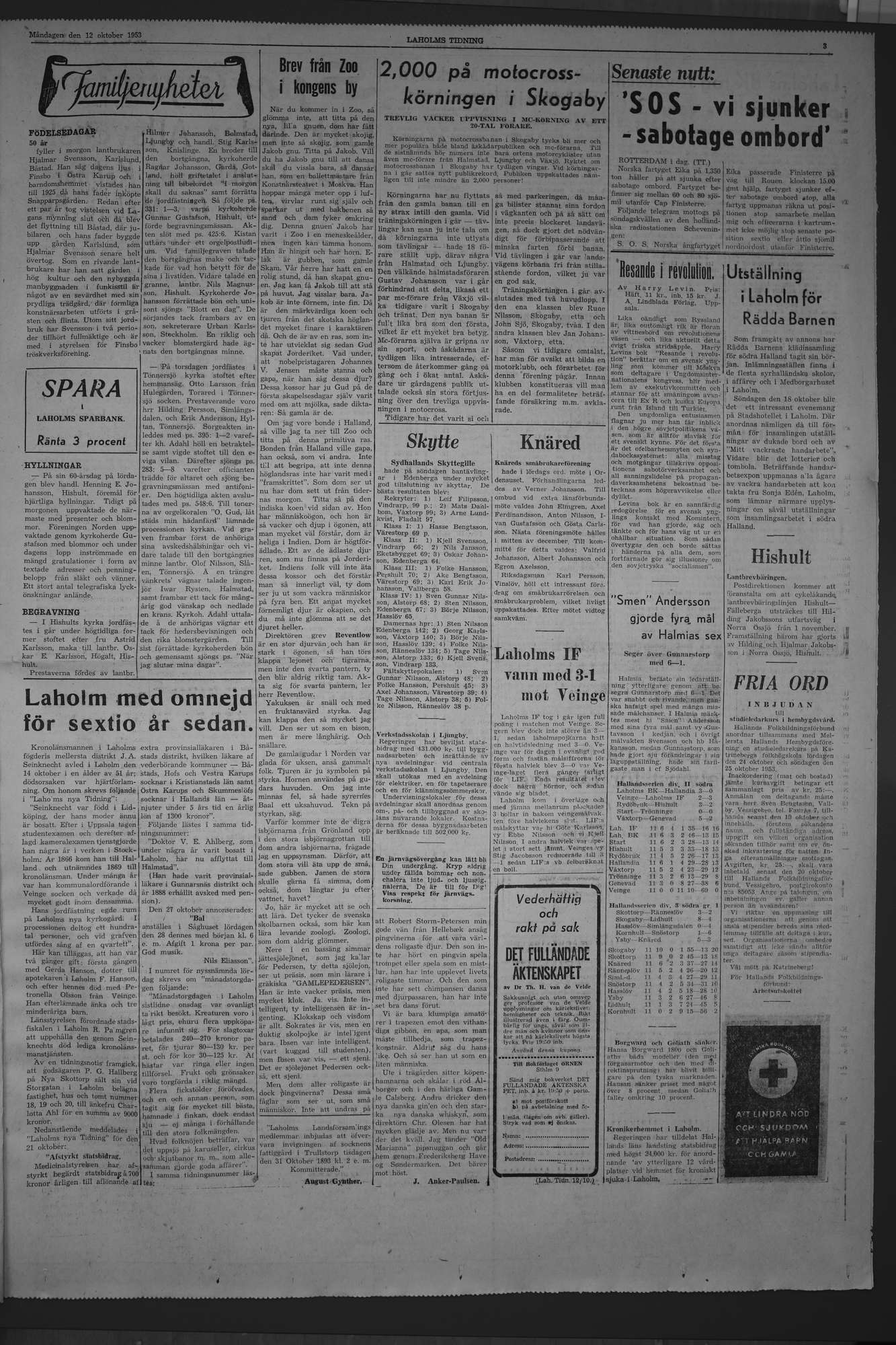 Laholms Tidning Måndag 12 oktober 1953, sida 3