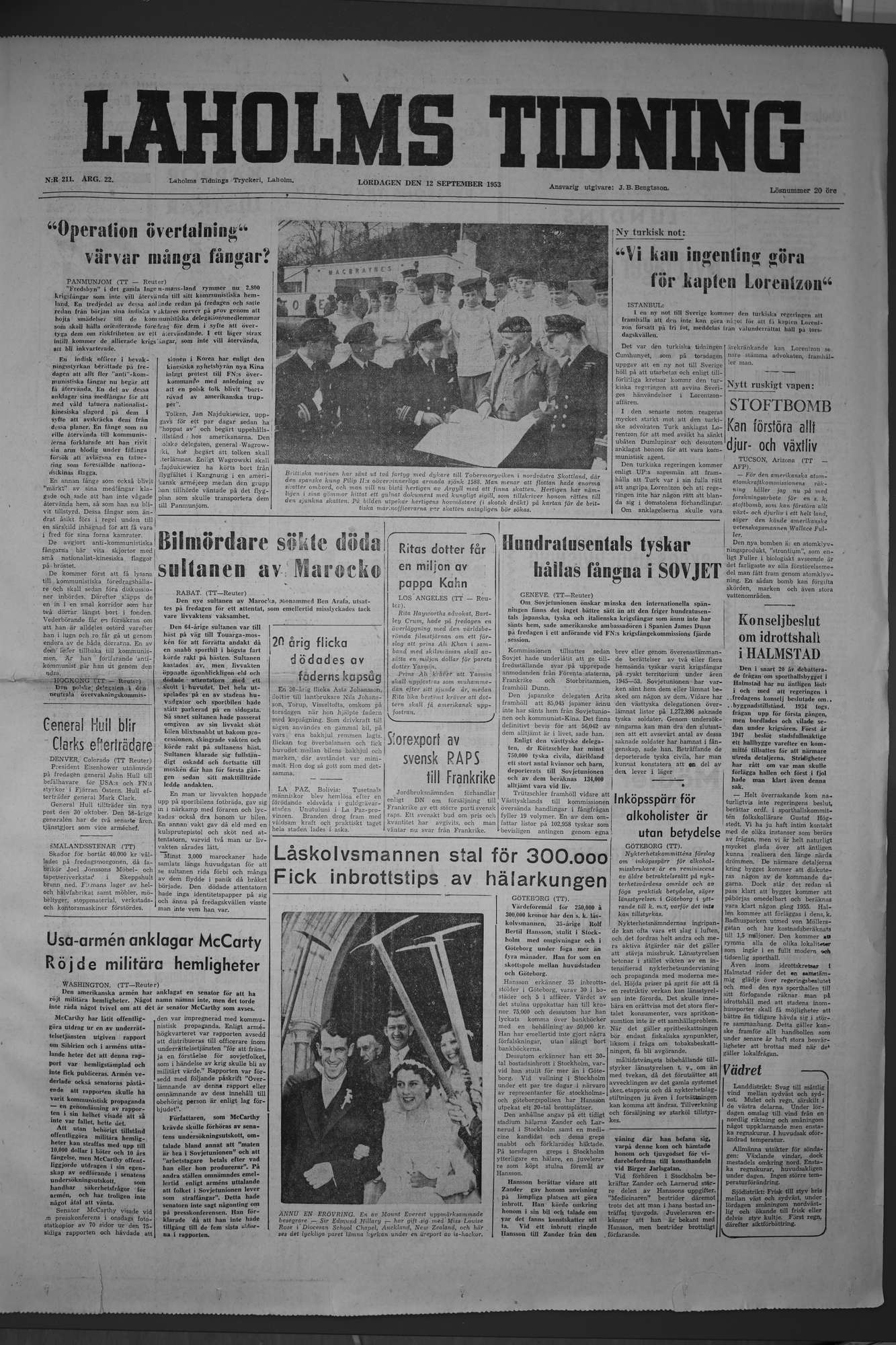 Laholms Tidning Lördag 12 september 1953, sida 1