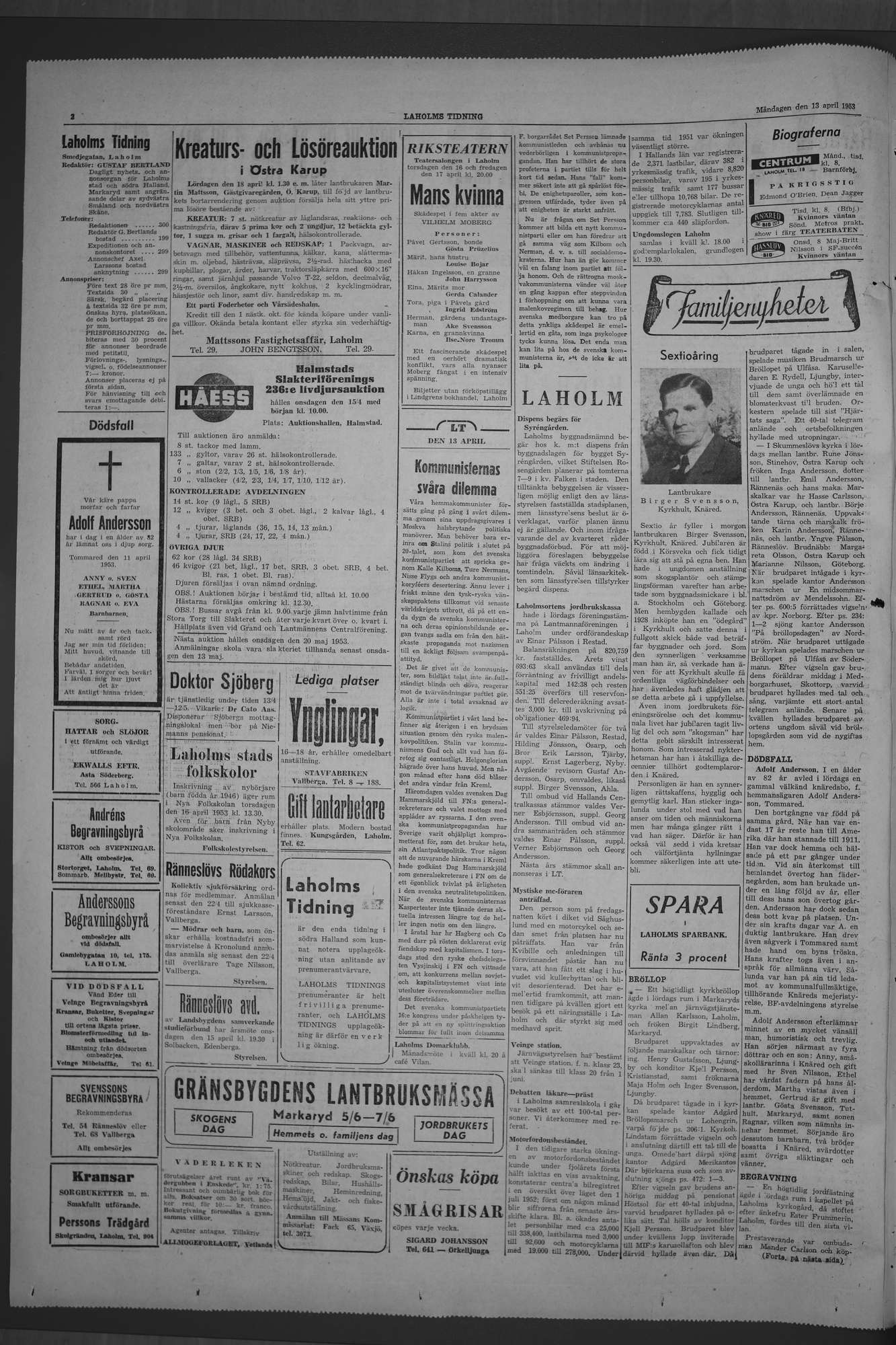 Laholms Tidning Måndag 13 april 1953, sida 2