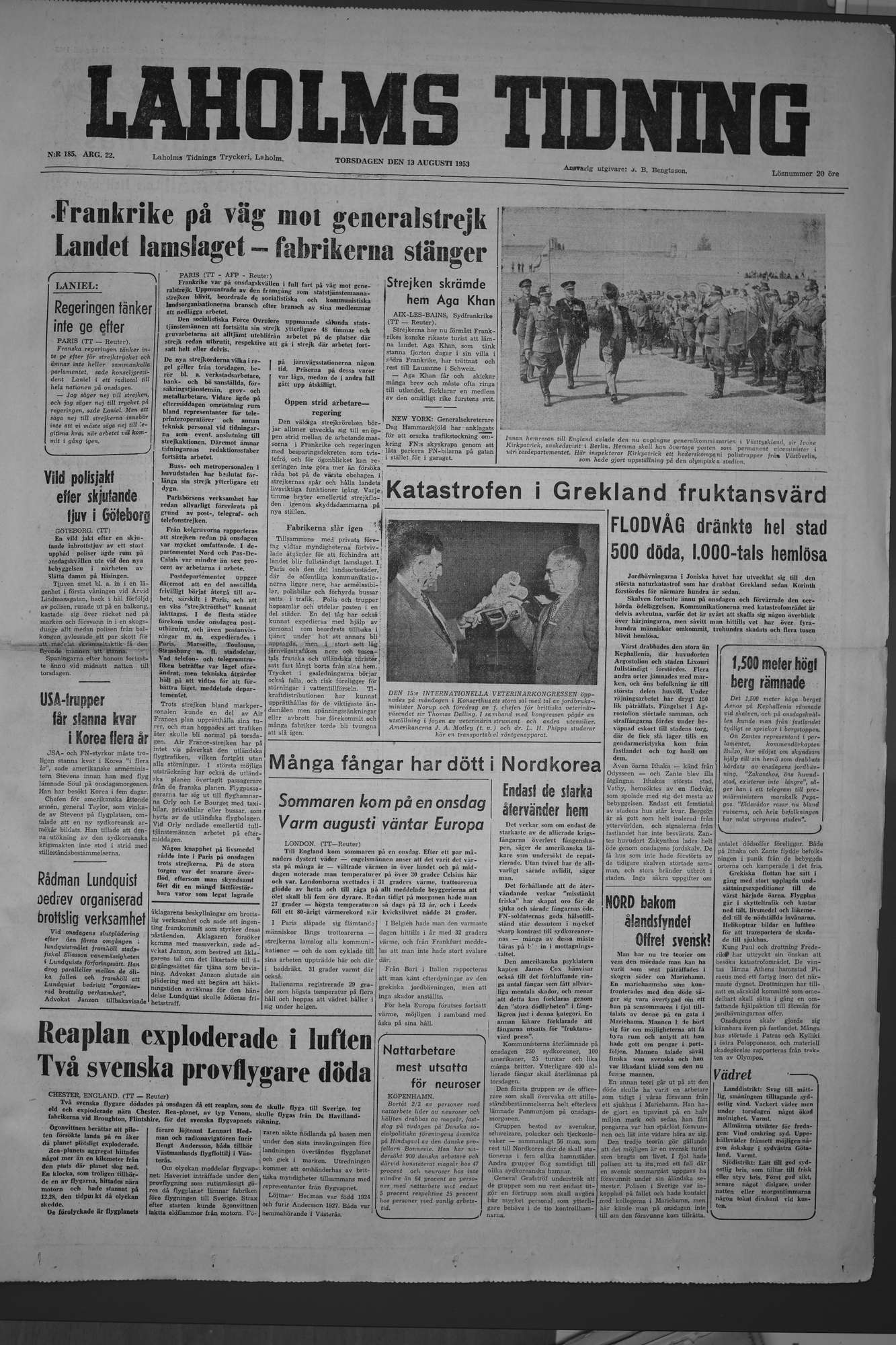 Laholms Tidning Torsdag 13 augusti 1953, sida 1