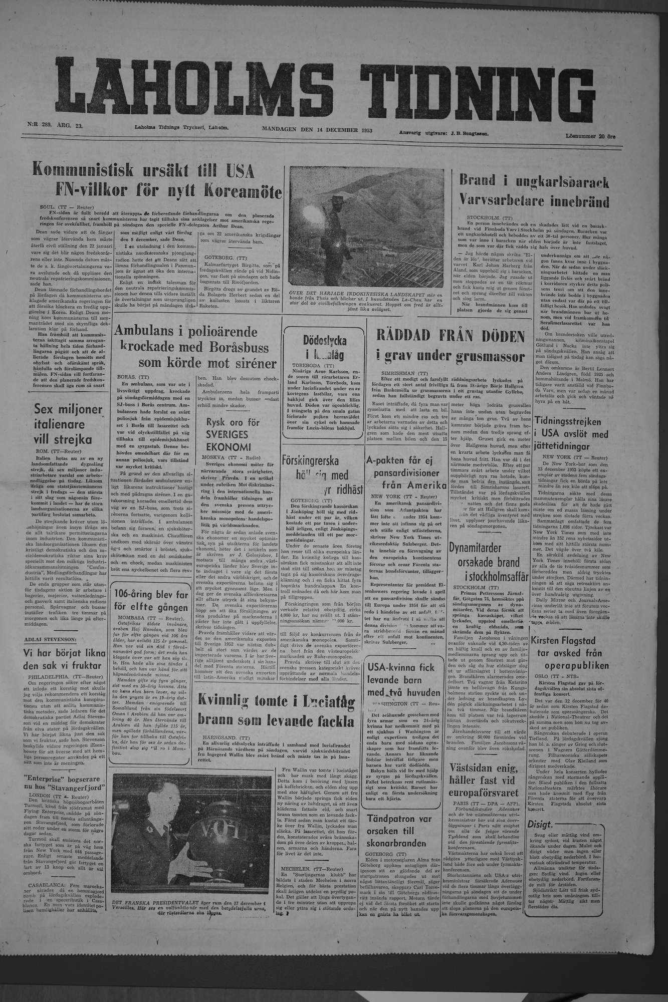 Laholms Tidning Måndag 14 december 1953, sida 1