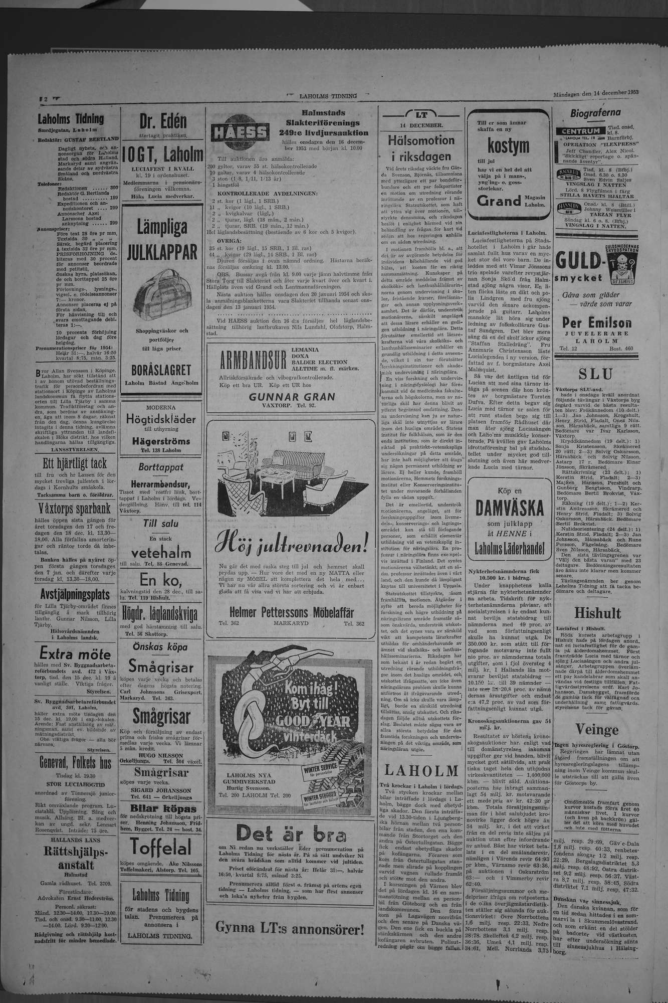 Laholms Tidning Måndag 14 december 1953, sida 2