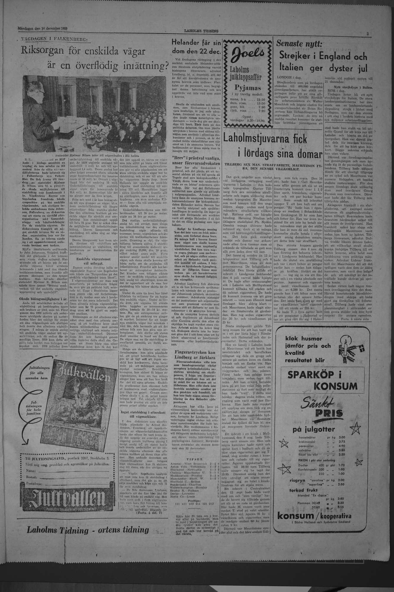 Laholms Tidning Måndag 14 december 1953, sida 3