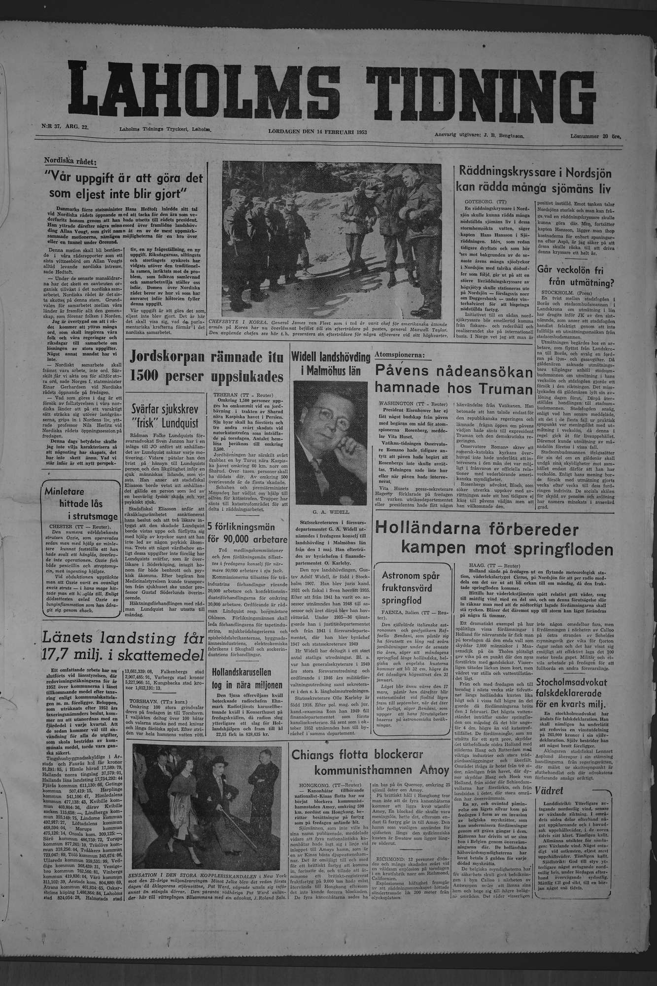 Laholms Tidning Lördag 14 februari 1953, sida 1