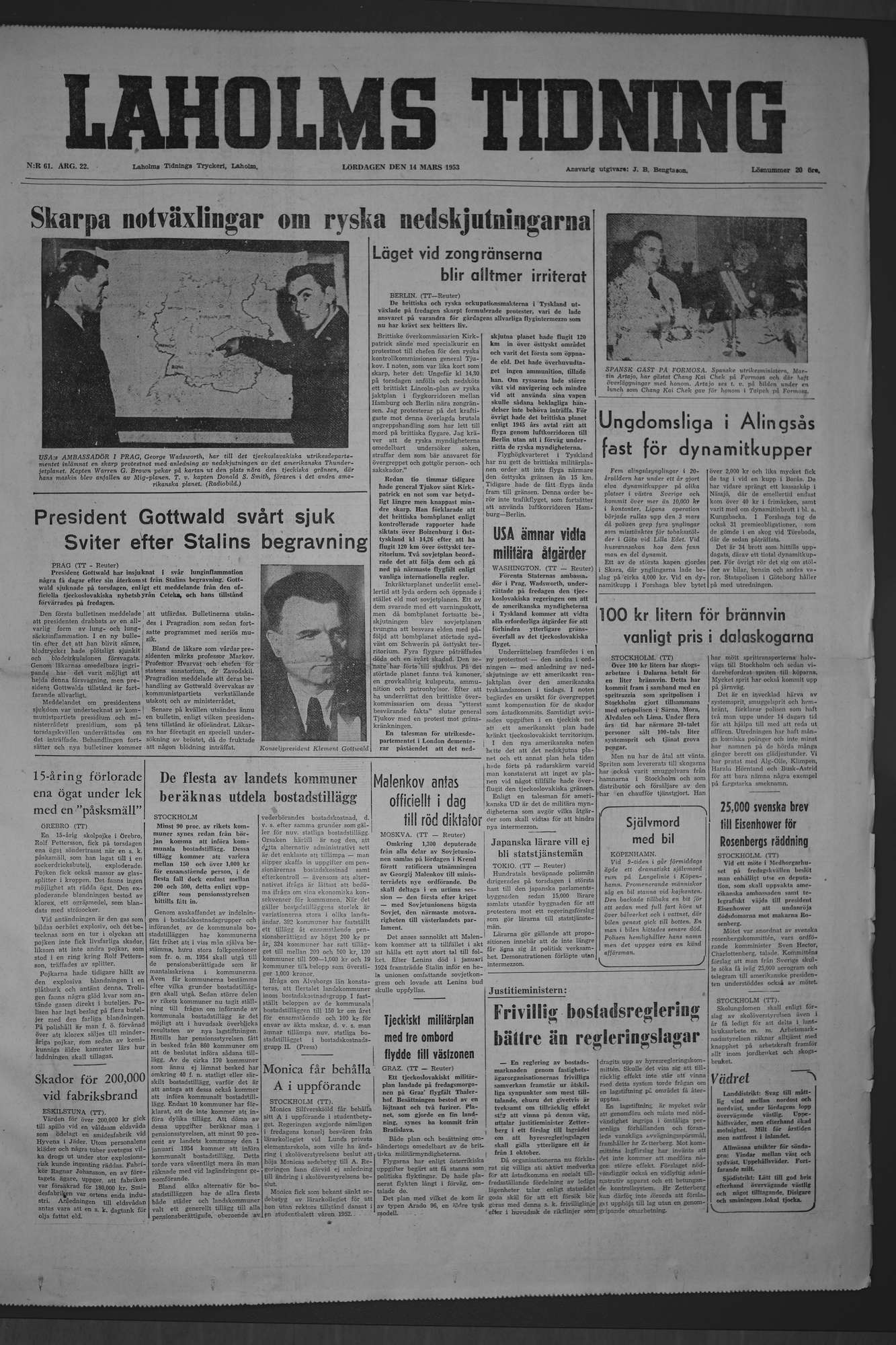 Laholms Tidning Lördag 14 mars 1953, sida 1